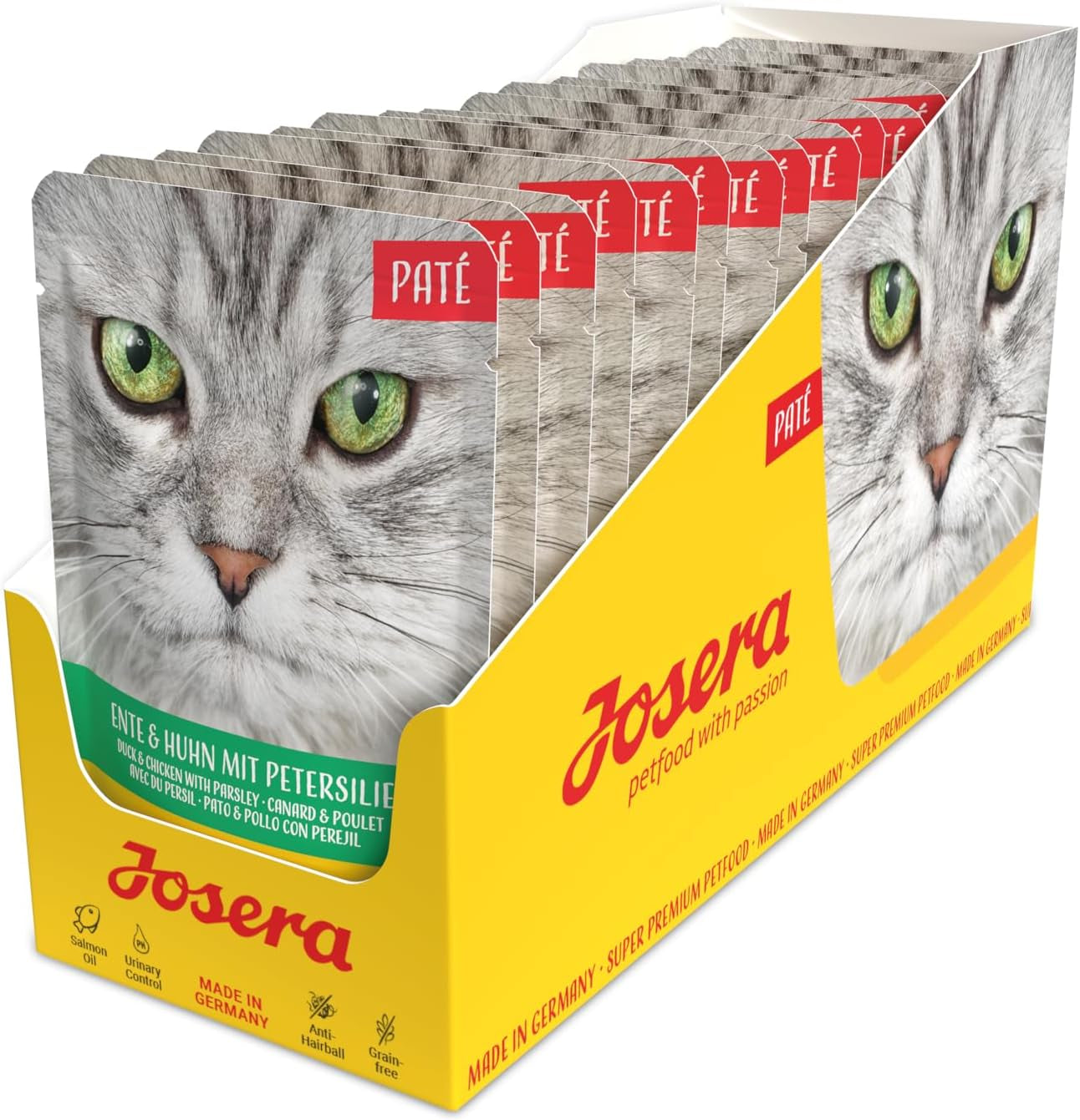 JOSERA Paté van eend en kip met peterselie (16 x 85 g) | Volwassene | Premium natvoer voor volwassen katten | Paté van eend en kip | Zalmolie | Geen granen | Natvoer voor katten in verse zakjes | Pak van 16