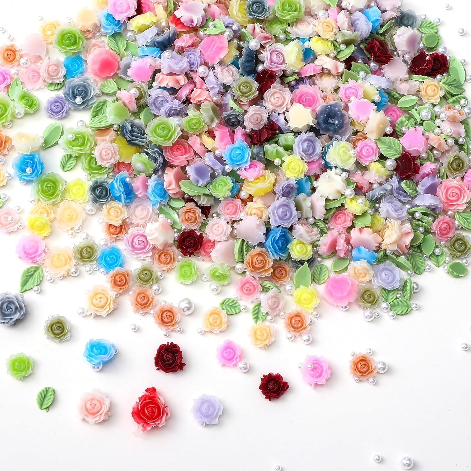 300 Stück Niedlich Blume Nail Charms, 3D Resin Floral Camelie Rose Nägel Charms Mit Perle, Gemischt Grote Bunte Flower Nägel Deko voor Frauen Nail Art Zubehör
