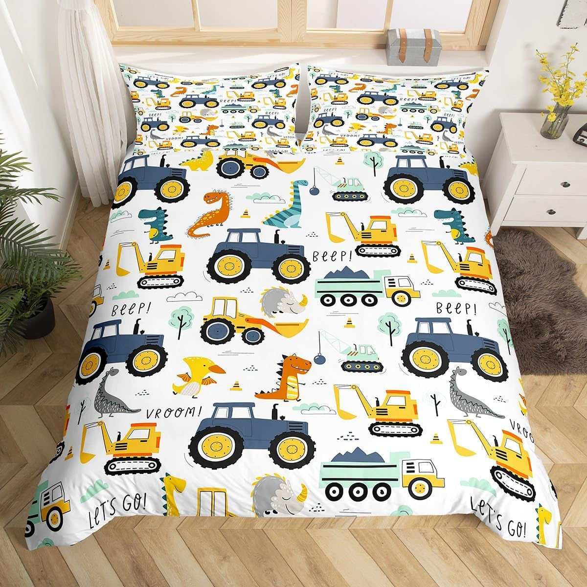 Jungen Cartoon Autobeddengoedset 135X200,Kinder Bau Fahrzeuge Tröster Abdeckung Für Kind Kleinkind Teens,Dinosaurier Bettbezug,Traktor Maschinerie Bagger Bettdecke Abdeckung,Lkw Autos Bettdecke Naty Shop