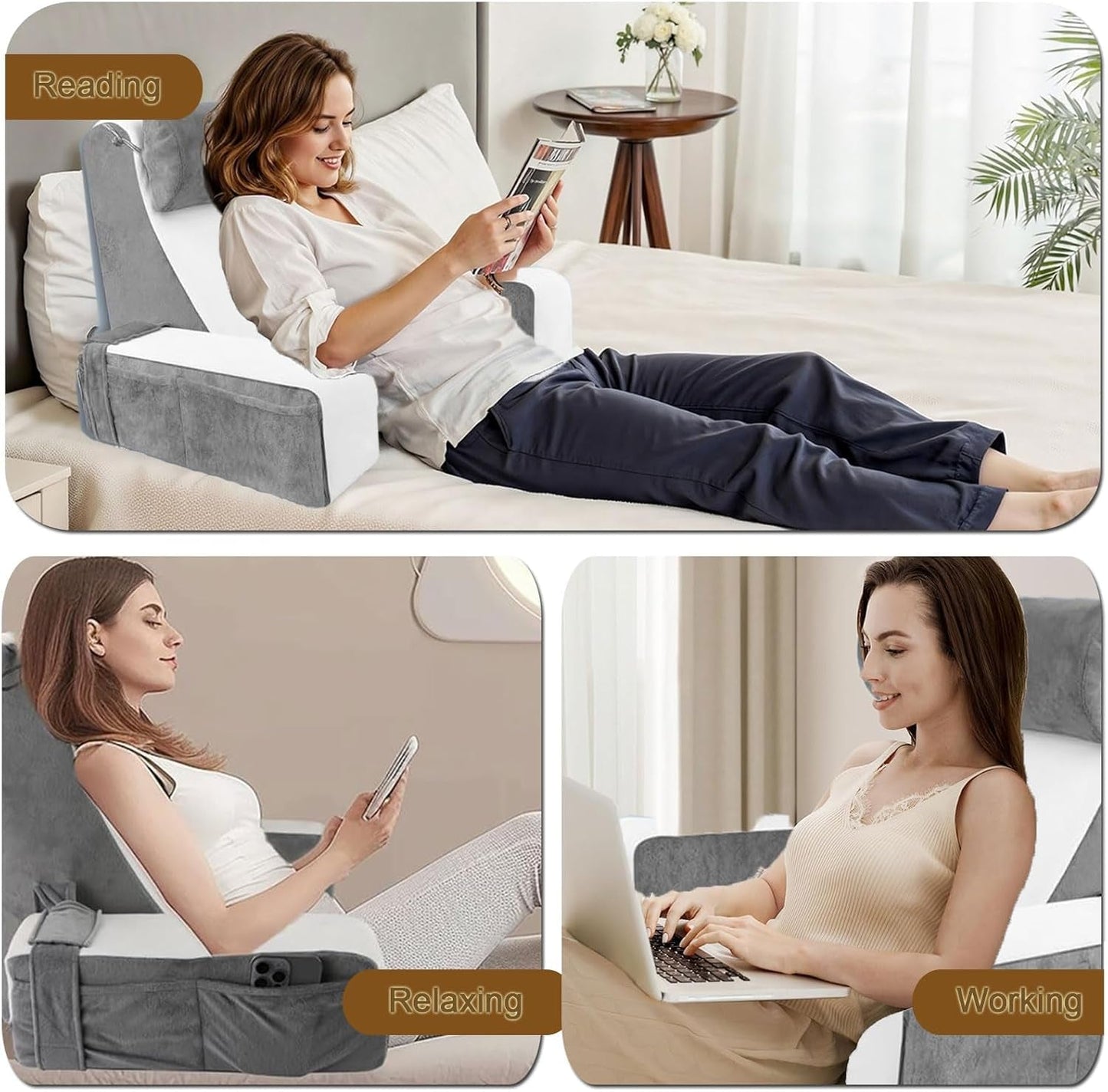 Groot leeskussen voor bed en bank, rugkussen voor volwassenen met neksteun en armleuningen, ergonomisch rugkussen met zak en wasbare hoes om uit te rusten, lezen, tv kijken (WH)