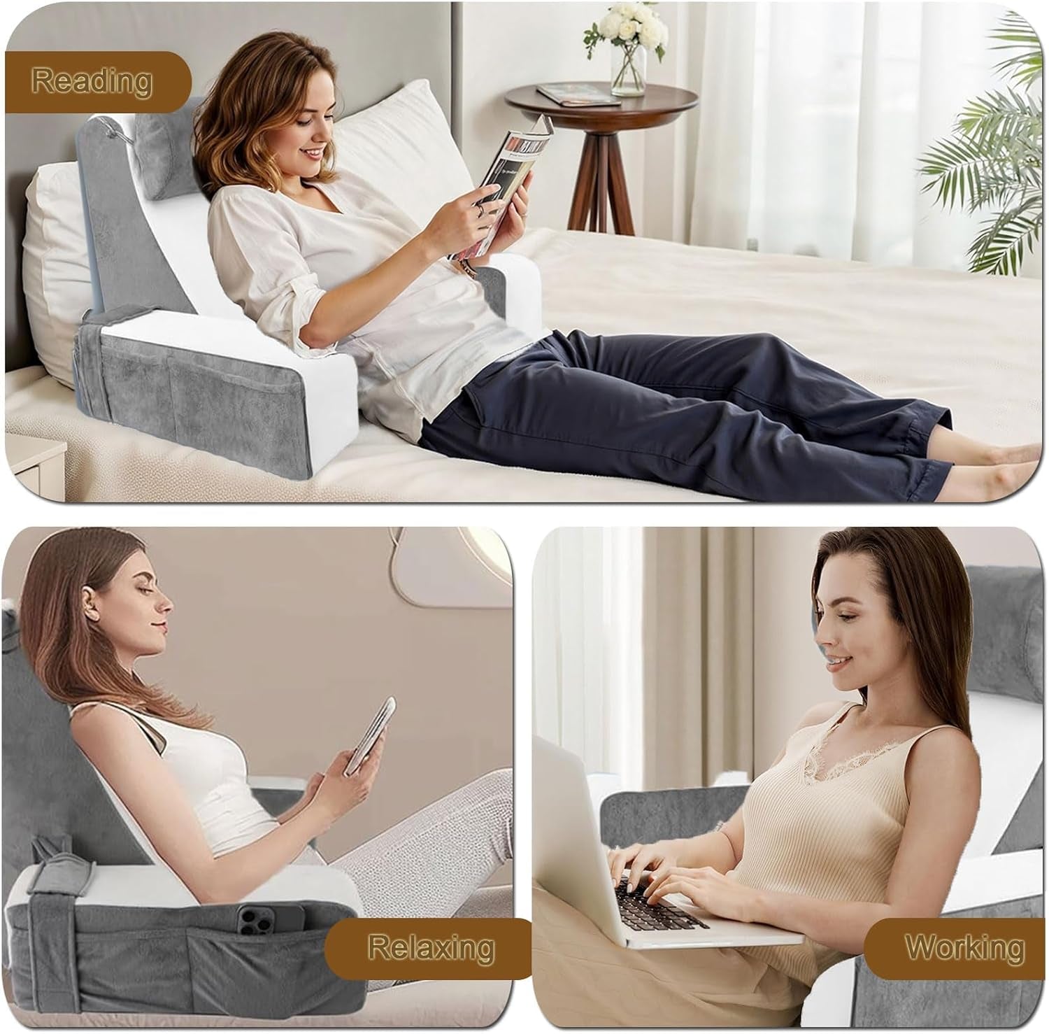 Groot leeskussen voor bed en bank, rugkussen voor volwassenen met neksteun en armleuningen, ergonomisch rugkussen met zak en wasbare hoes om uit te rusten, lezen, tv kijken (WH)