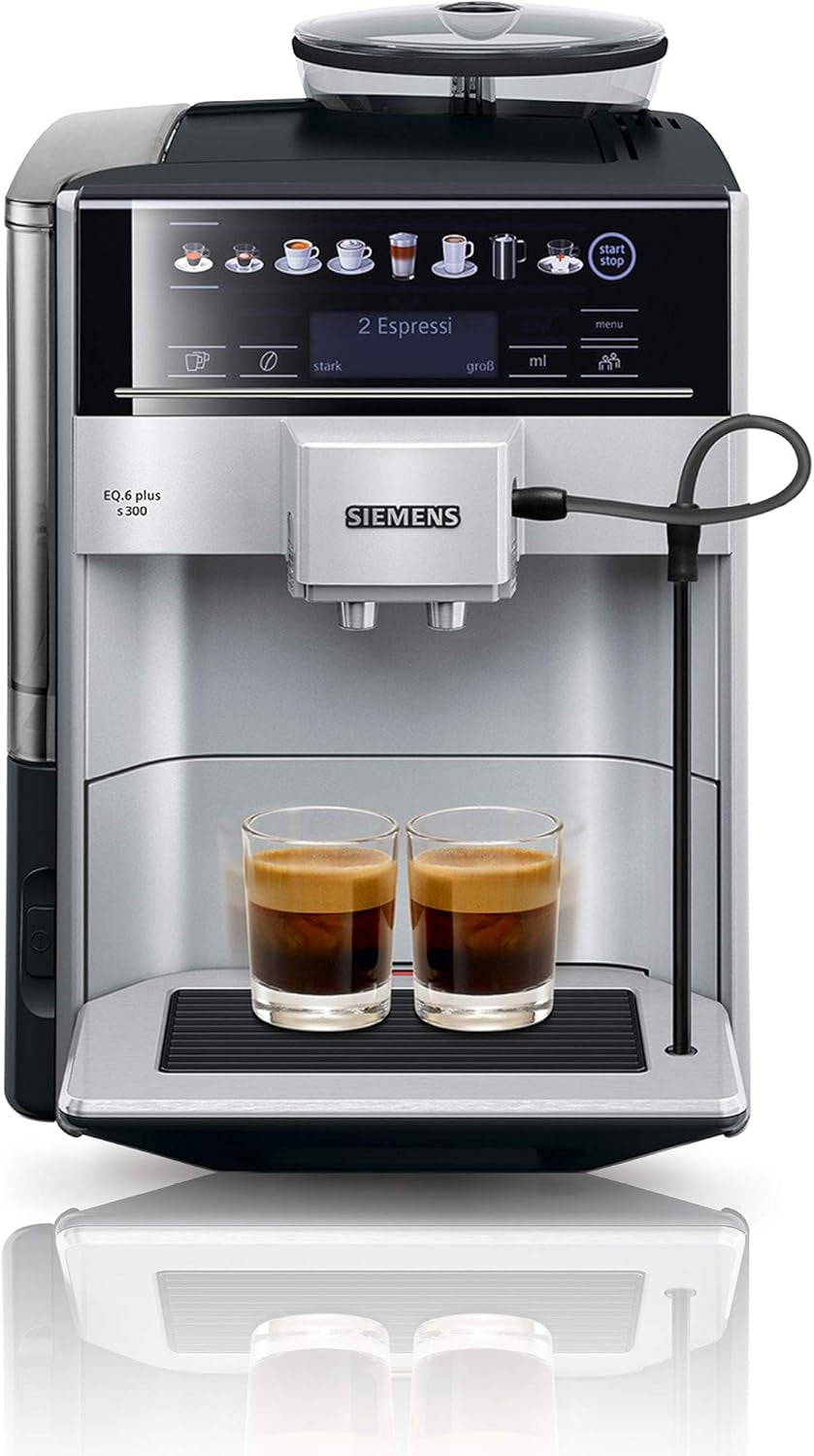 Siemens EQ.6 plus s300 automatische espressomachine TE653501DE, voor vele koffiespecialiteiten, melkopschuimer, keramische molen, dubbele koffiefunctie, antikalk, automatische stoomreiniging, 1500 W, zilver
