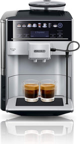 Siemens EQ.6 plus s300 automatische espressomachine TE653501DE, voor vele koffiespecialiteiten, melkopschuimer, keramische molen, dubbele koffiefunctie, antikalk, automatische stoomreiniging, 1500 W, zilver