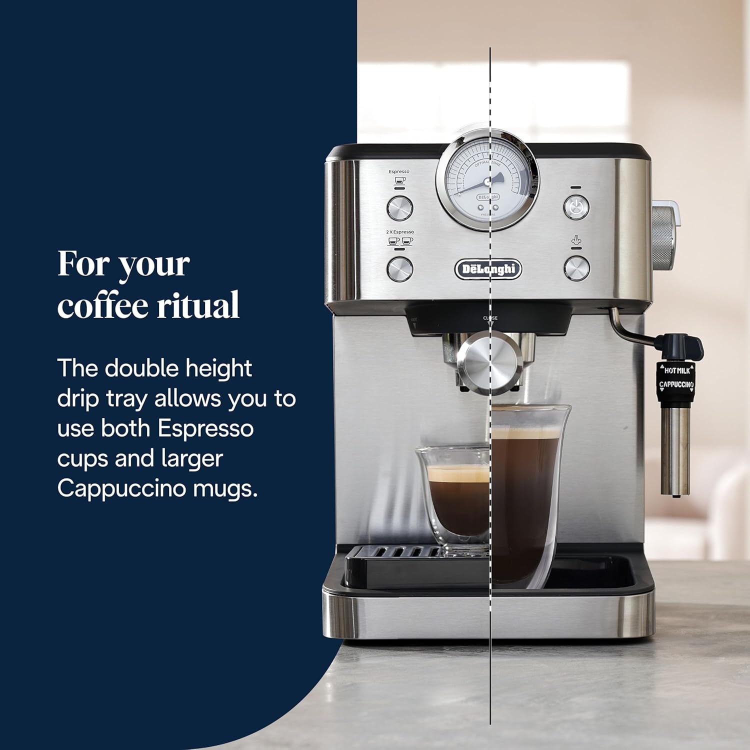 De'Longhi Classic EM450.M portafilter espressomachine met professionele melkopschuimer, volledig metalen behuizing, 15 bar, watertank 1,7 l, RVS/metaal
