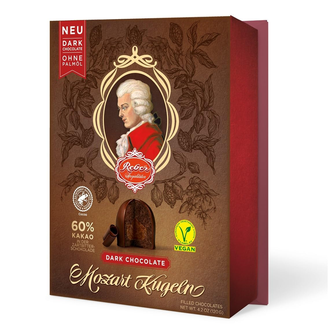 Reber Mozart-balletjes met pure chocolade, verpakking van 6 met marsepein en nougat, veganistisch - 1 x 120 g