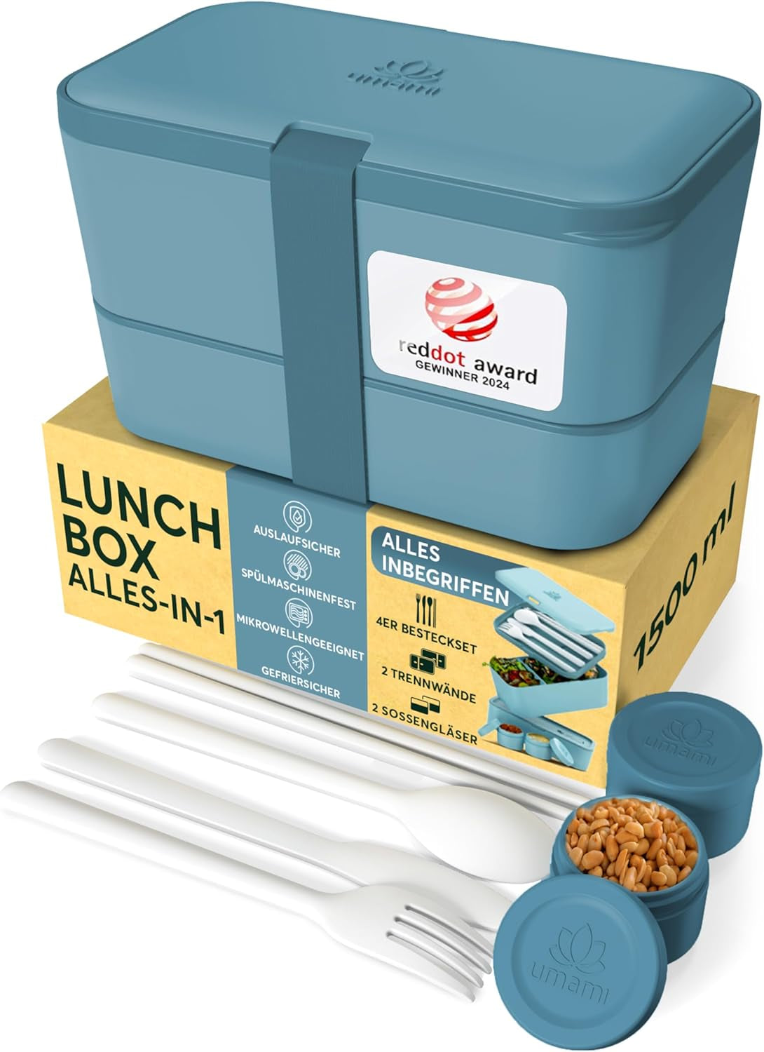 Umami lunchbox voor volwassenen, lekvrije stapelbare bentobox met 4 bestek en vakken, lunchbox voor volwassenen, saladecontainer voor onderweg, picknick-/kantoorlunchbox, houtskoolgrijs, 1500 ml