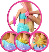 Barbie Meerjungfrauen-Spielzeug Puppe mit magischer overraschungs Blüte, Schwanzflosse mit Farbverlauf, perlenbesetzten Haarreif en lang blond Haar met rosa Strehchen, JDM72