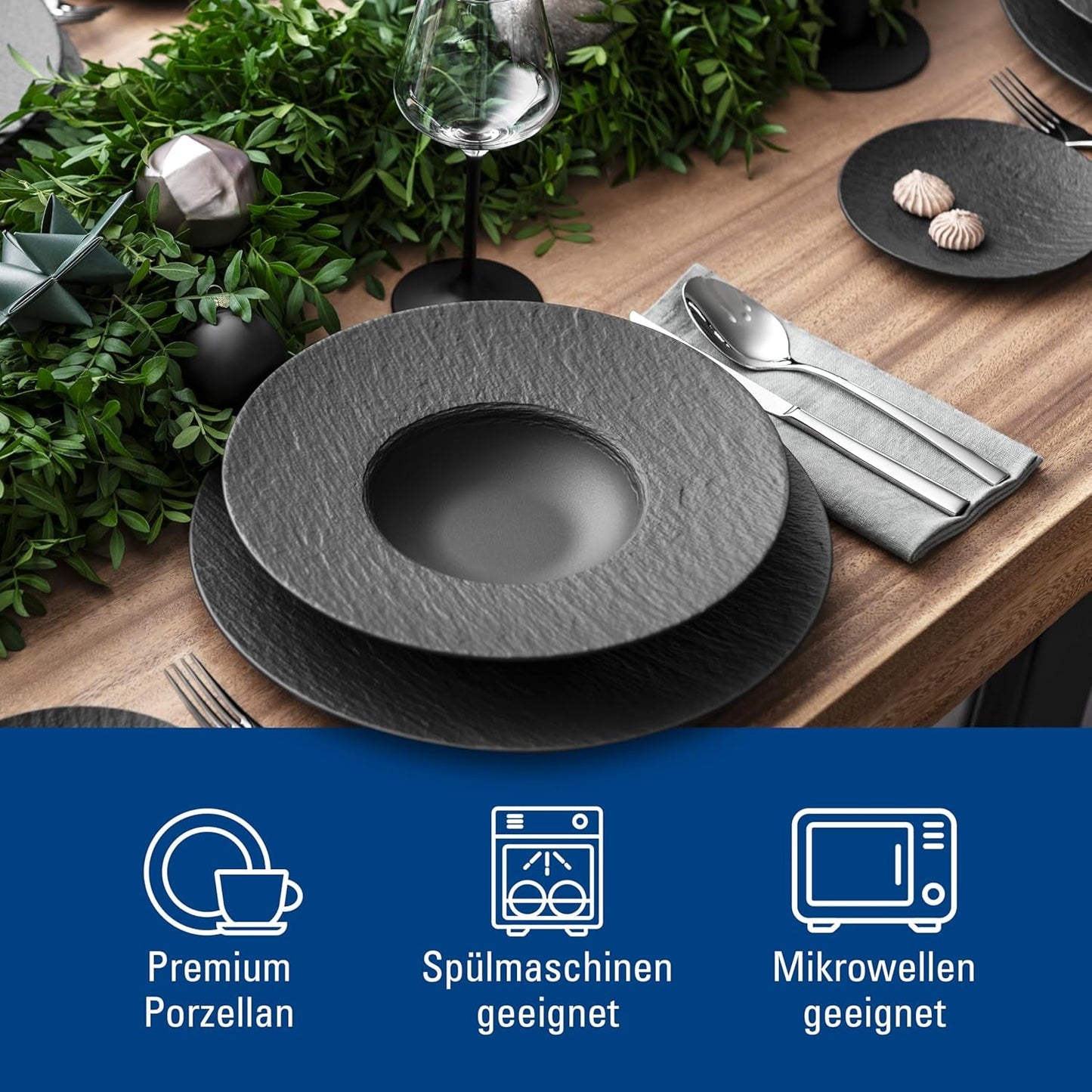 Villeroy & Boch - Manufacture Rock Serviesset, 6-delig, Serviesset voor 2 personen, Premium Porselein, Zwart