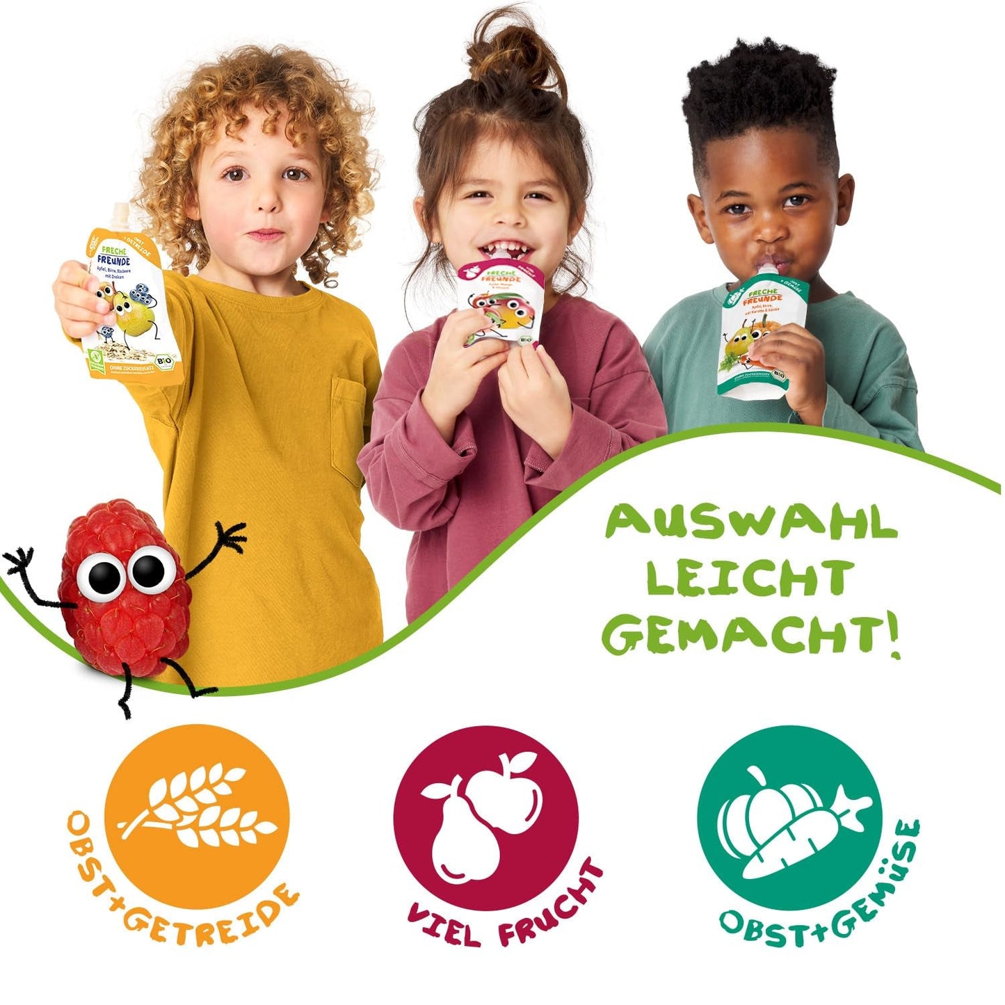 FRECHE FREUNDE Biologisch knijpfruitzakje met appels, aardbeien, rode biet en wortel, fruit- en groentepuree in knijpzakje voor baby's vanaf 6 maanden, veganistisch, 6 stuks (6 x 100 g)