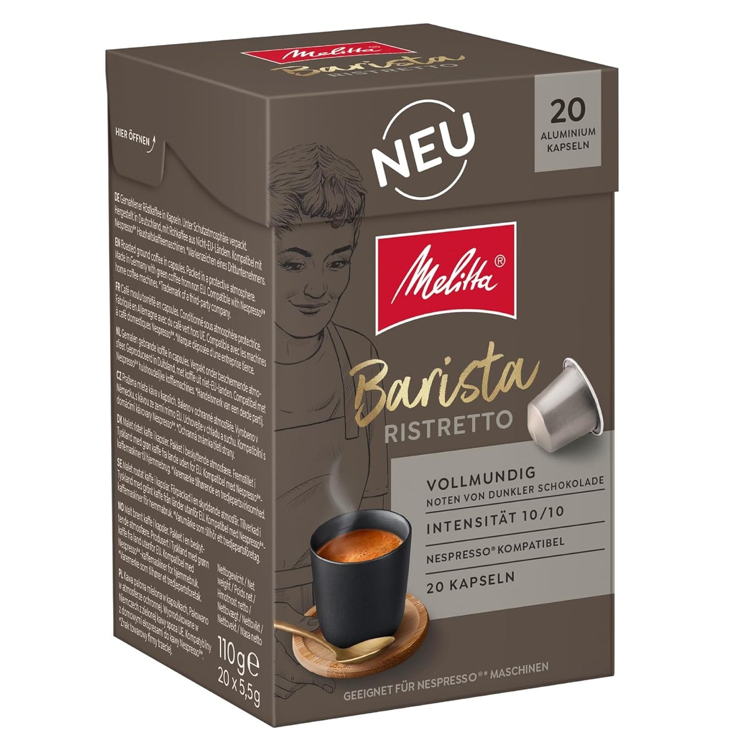Melitta Barista Ristretto Kaffee-Kapseln 20 Stück je 5.5g, gemahlen, in Portionskapseln für Nespresso*-Maschinen, Vollmundig, Noten von dunkler Schokolade