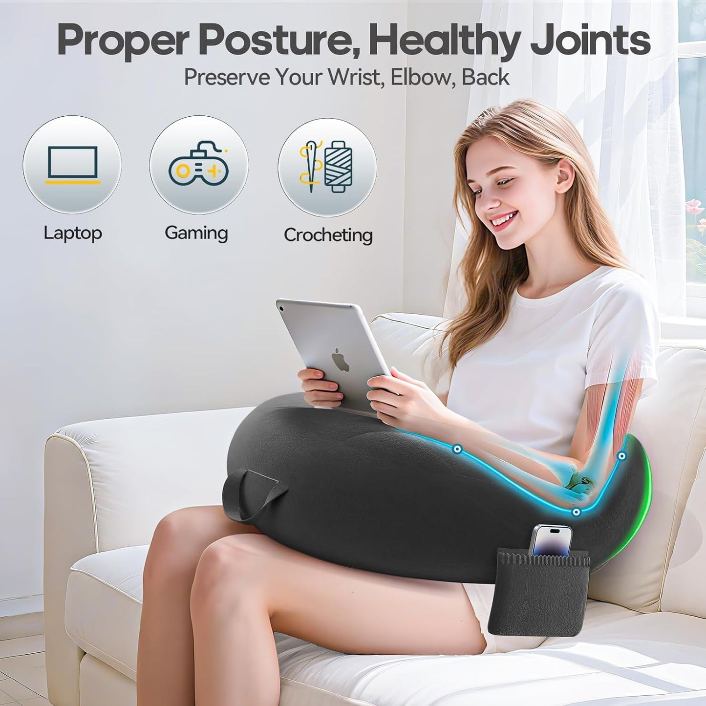 Gaming- en leeskussen, leeskussen voor bed/bank/vloer, voedings-/haakkussen met groot ergonomisch gamingkussen, gamerkussen voor iPad/laptop - zwart