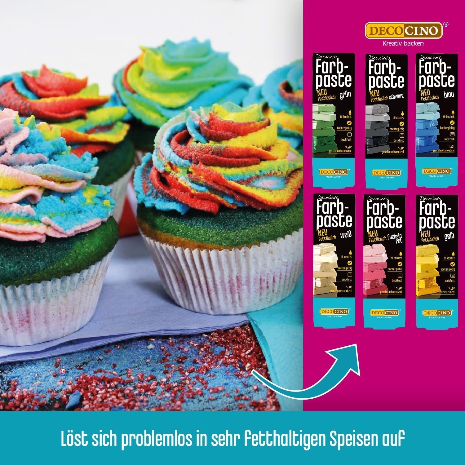 Decocino Vetoplosbare kleurpasta Set van 6 - 6 x 15 g - Voedselkleuring in rood, wit, groen, geel, blauw en zwart, ideaal voor het kleuren van taarten, fondant en crèmes - Azo- en glutenvrij