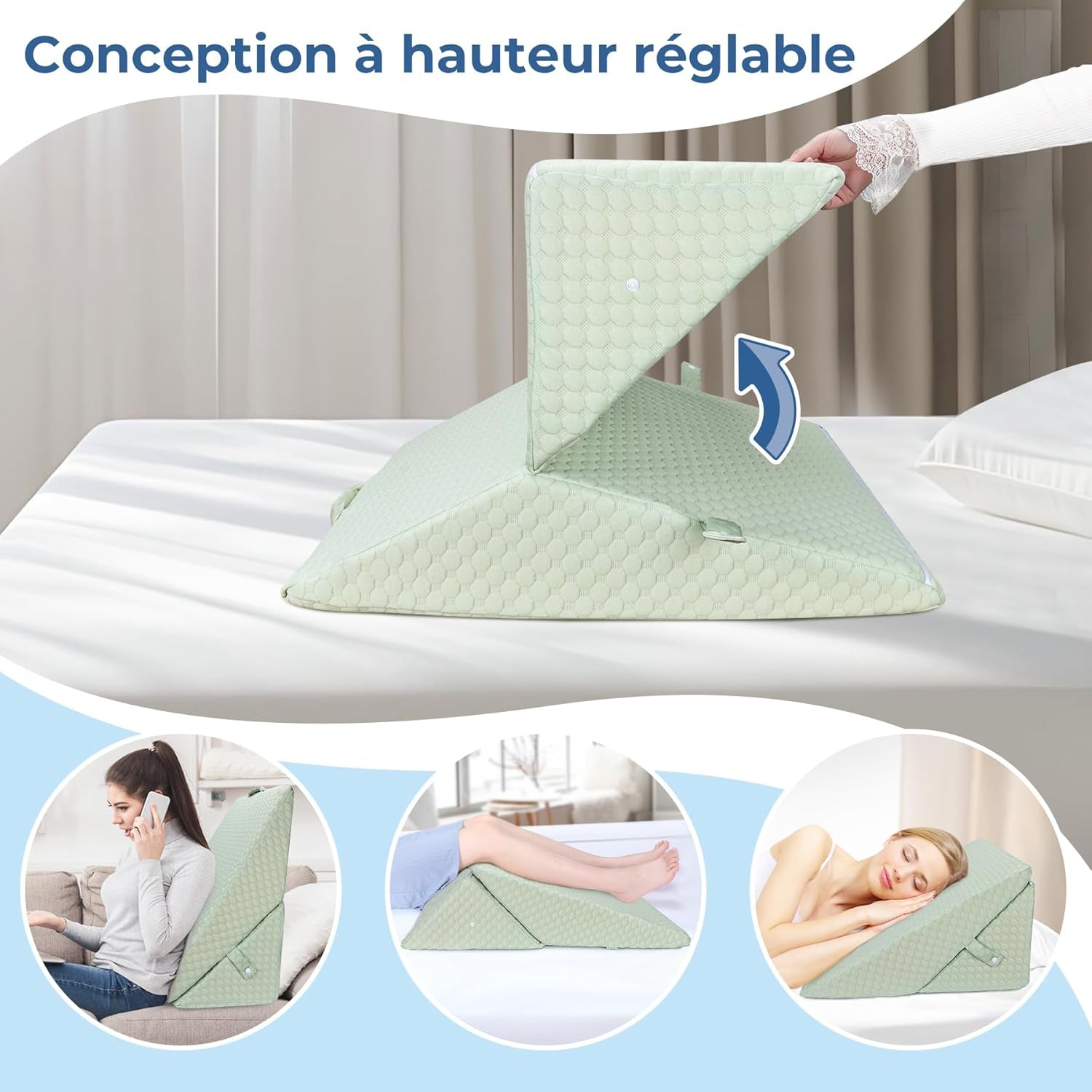INFANZIA wigkussen voor bed, hoekkussen, driehoekig kussen, opvouwbaar, traagschuim, slaapapneu, zure reflux, beenhoogte, lezen, groen