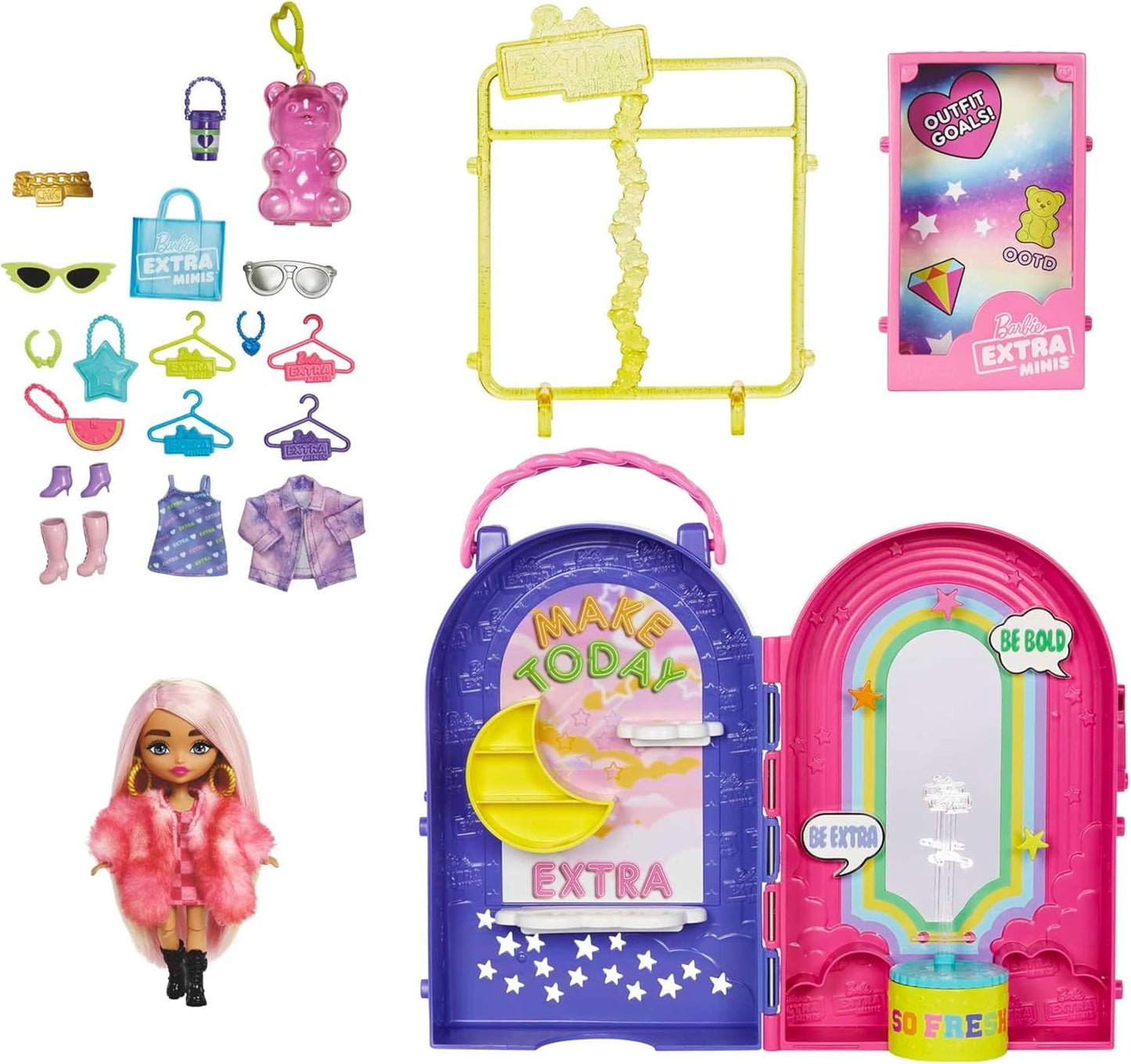 Barbie Extra Mini's, Extra Minipop en Boutique Speelset, Kledingkast met Kasten, Planken, Spiegels, 360 Platform, Extra Minipop met Roze Haaraccessoires, HHN15