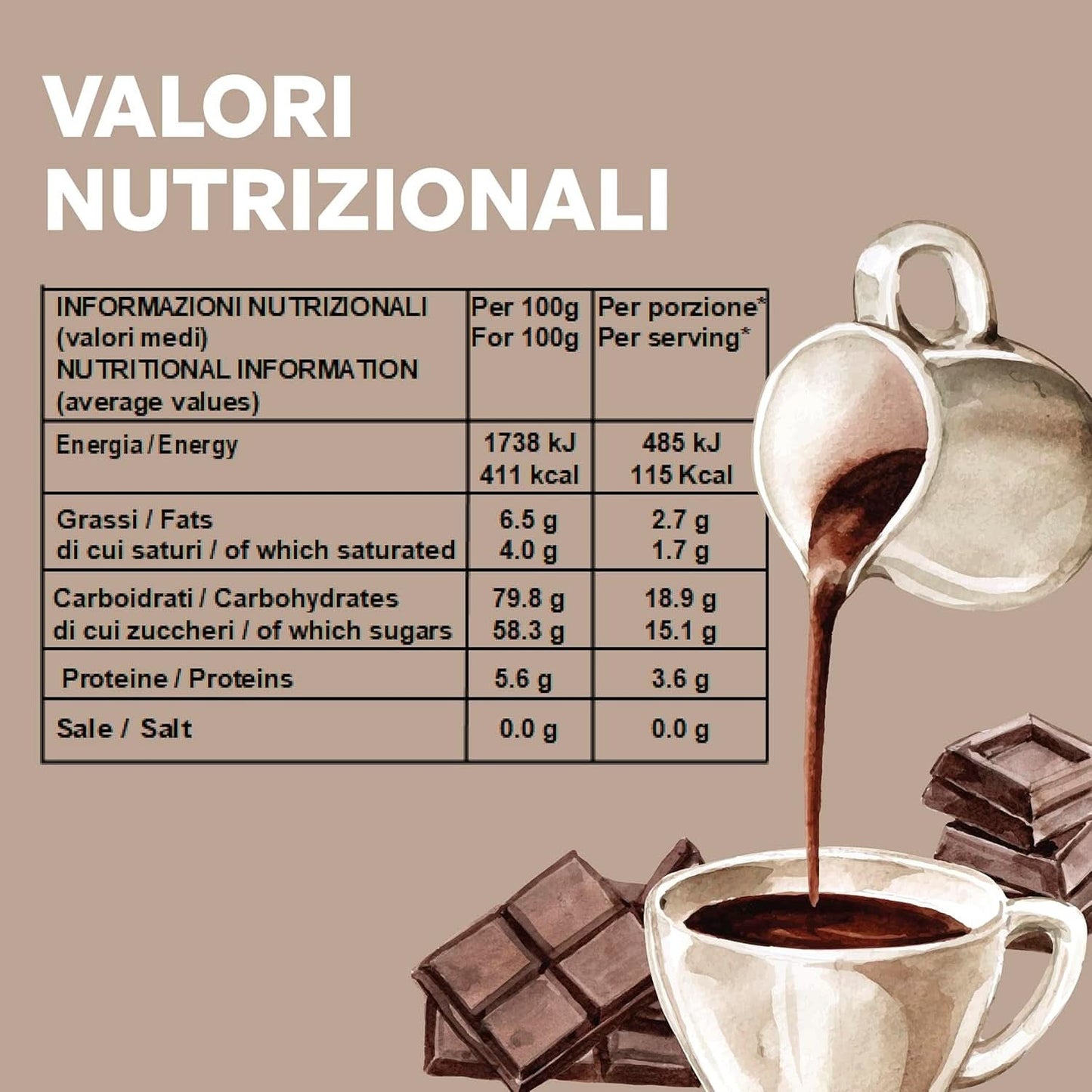 Italiaanse warme chocolademelk Cortina CLASSIC smaak - (15 X 30 g) Enkele portie, envelop, 450 g Cacao en warme chocolademelk Naty Shop