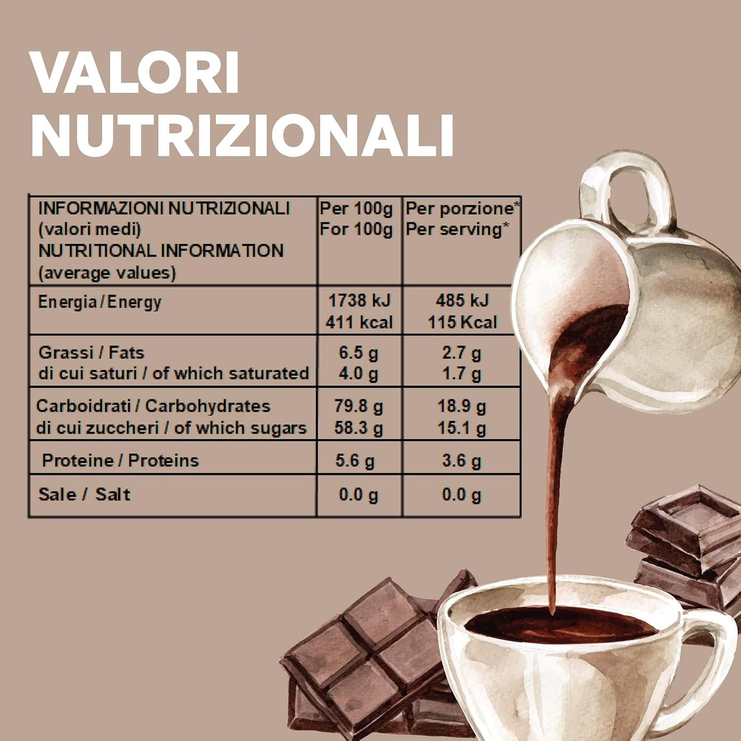 Italiaanse warme chocolademelk Cortina CLASSIC smaak - (15 X 30 g) Enkele portie, envelop, 450 g Cacao en warme chocolademelk Naty Shop
