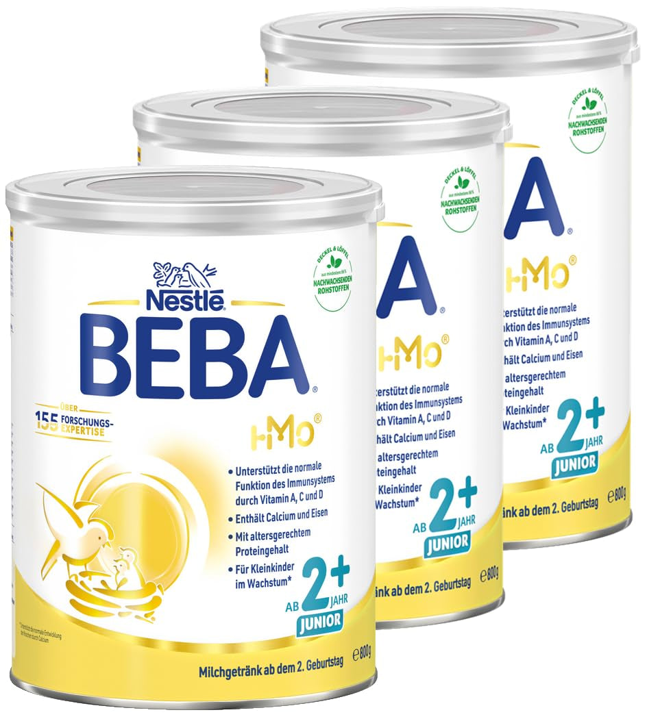 BEBA Junior 2+ melkdrank vanaf 2 jaar, Met HMO, Aan de leeftijd aangepast eiwitgehalte, Alleen lactose, Geen palmolie, Geen visolie, Peutervoeding, Babymelkpoeder, Pak van 3 (3 x 800 g)