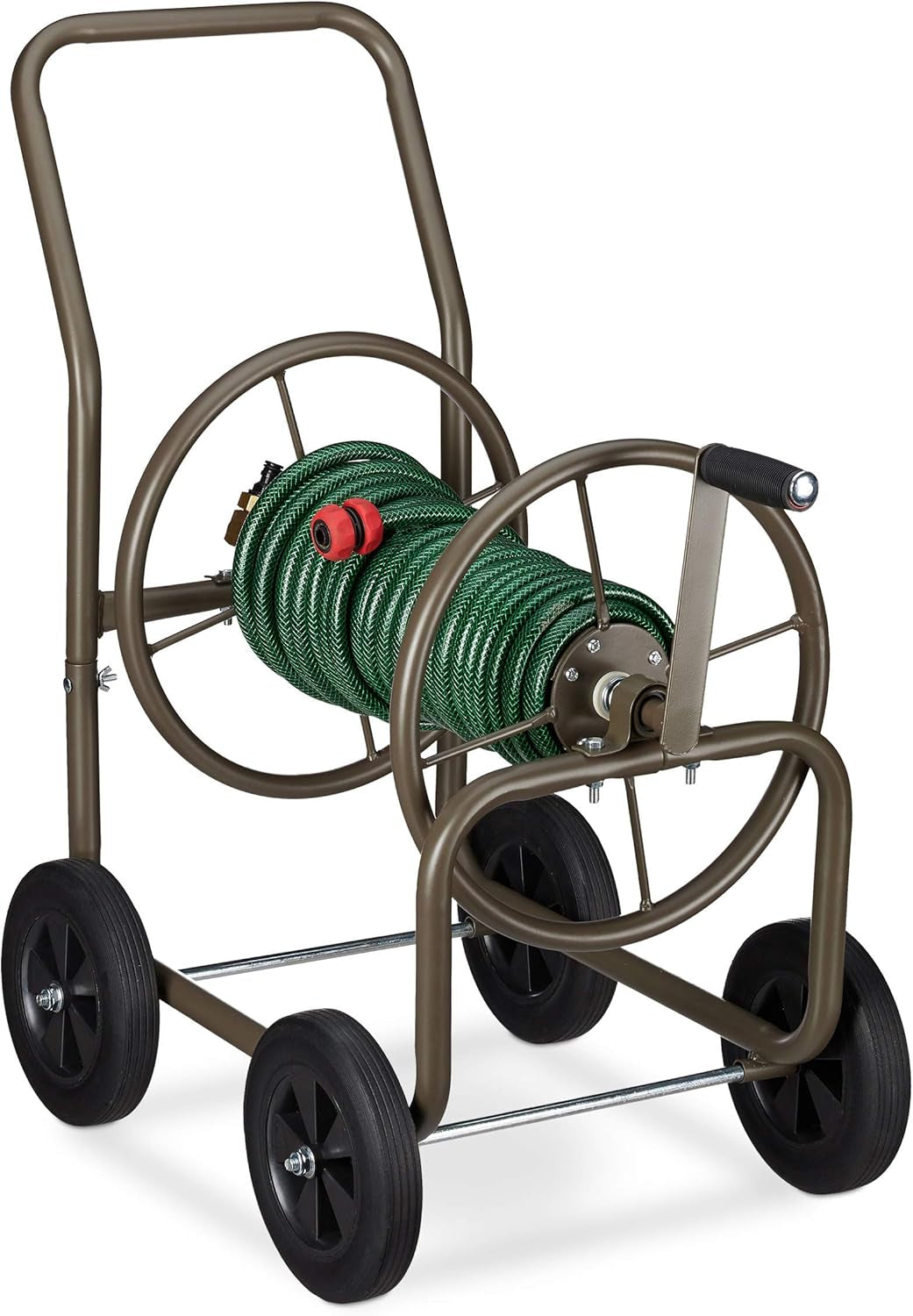 Relaxdays XL slangenwagen, mobiele slanghaspel, metaal, voor 60 m slang, 4 wielen, met slinger, 90° rol, bruin
