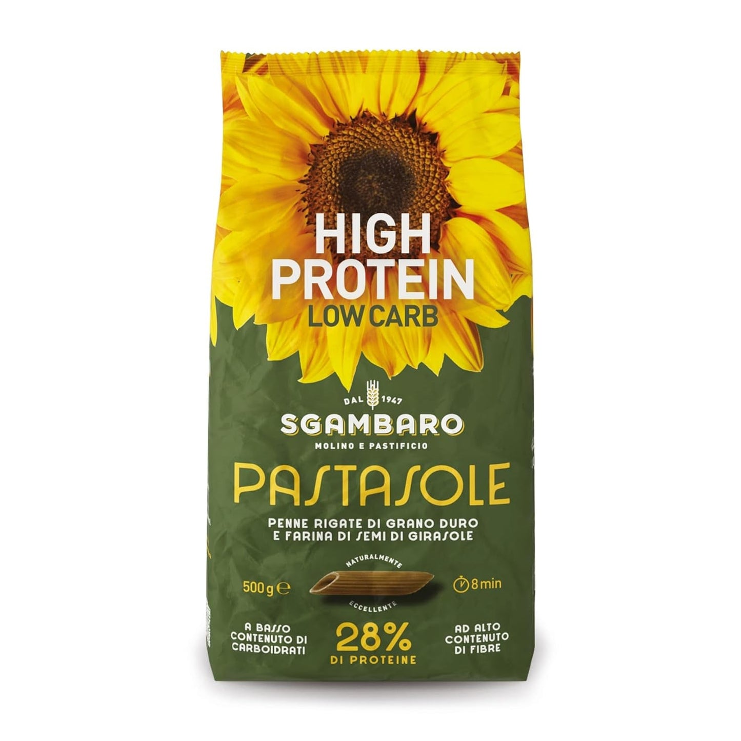PASTASOLE, Penne Rigate met Hartweizengrieß aus 100% italienische Anbau und Sonnenblumenkernmehl - 500g - Hoog eiwit, laag koolhydraat, Hoger ballaststoffgehalt