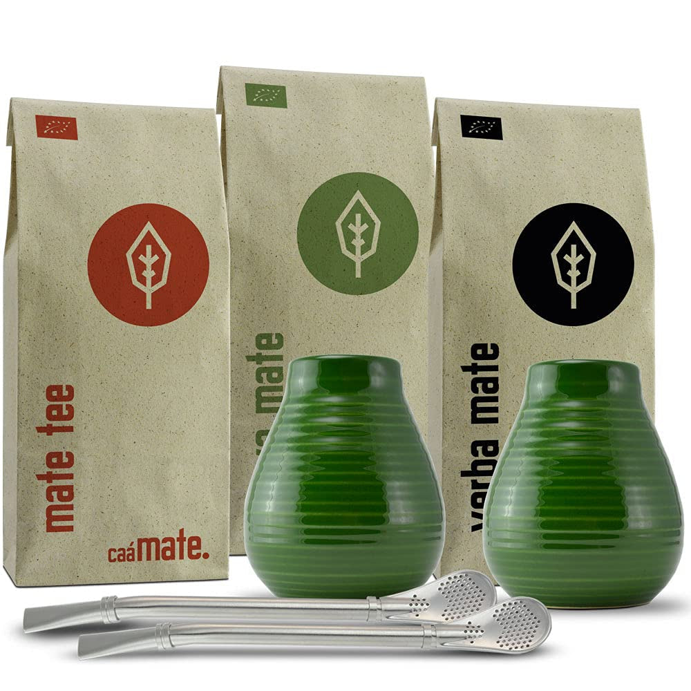 Mate theeset voor twee, biologisch ● 2 Mate kopjes + 2 bombilla's + 300 g Mate thee + bereidingsinstructies