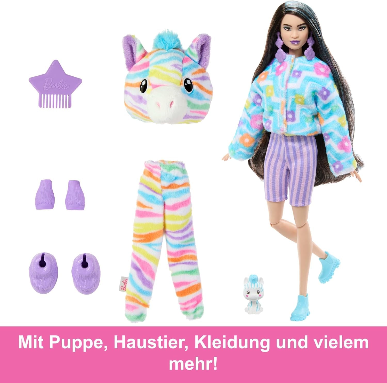 Barbie Cutie-onthullingspop en accessoires, regenboogzebra-pluche outfit en 10 kleurveranderende verrassingen, Color Dream-reeks, HRK39