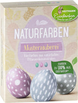 Heitmann eierverf natuurlijke kleurstofset, 3 eierverfpoeders (geel, paars, grijsblauw), stickervel van graspapier