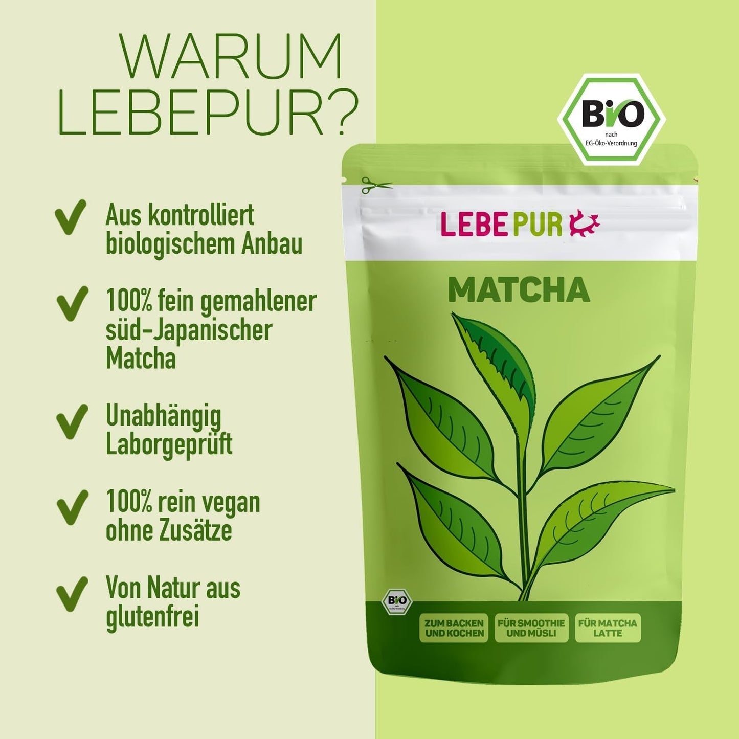 Lebepur BIO Matcha Poeder 100G - Premium Kwaliteit uit Japan Geen Additieven - 100% Pure Groene Thee Poeder voor Matcha Latte, Matcha Thee, Groene Thee, Smoothie - Japanse Groene Thee