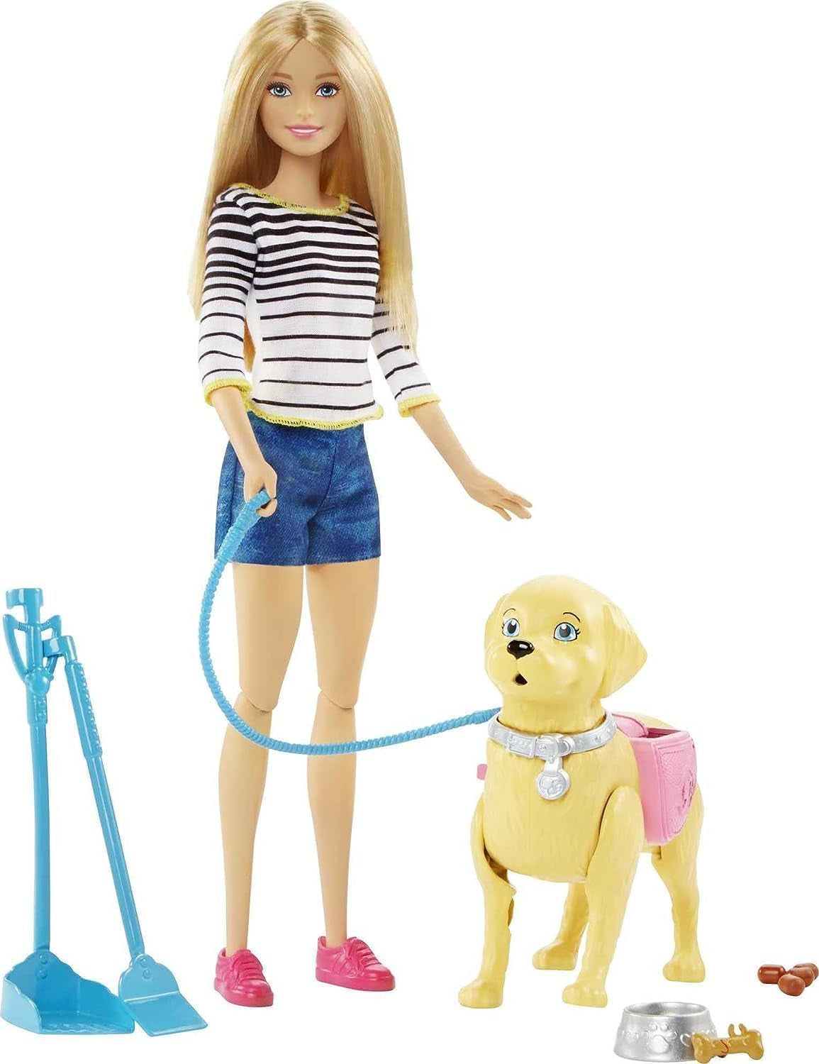 Barbie loop- en potjespop, blonde pop met lopende hond, poeplepel, accessoires inclusief pophond, kindercadeau, speelgoed voor 3 jaar en ouder, DWJ68