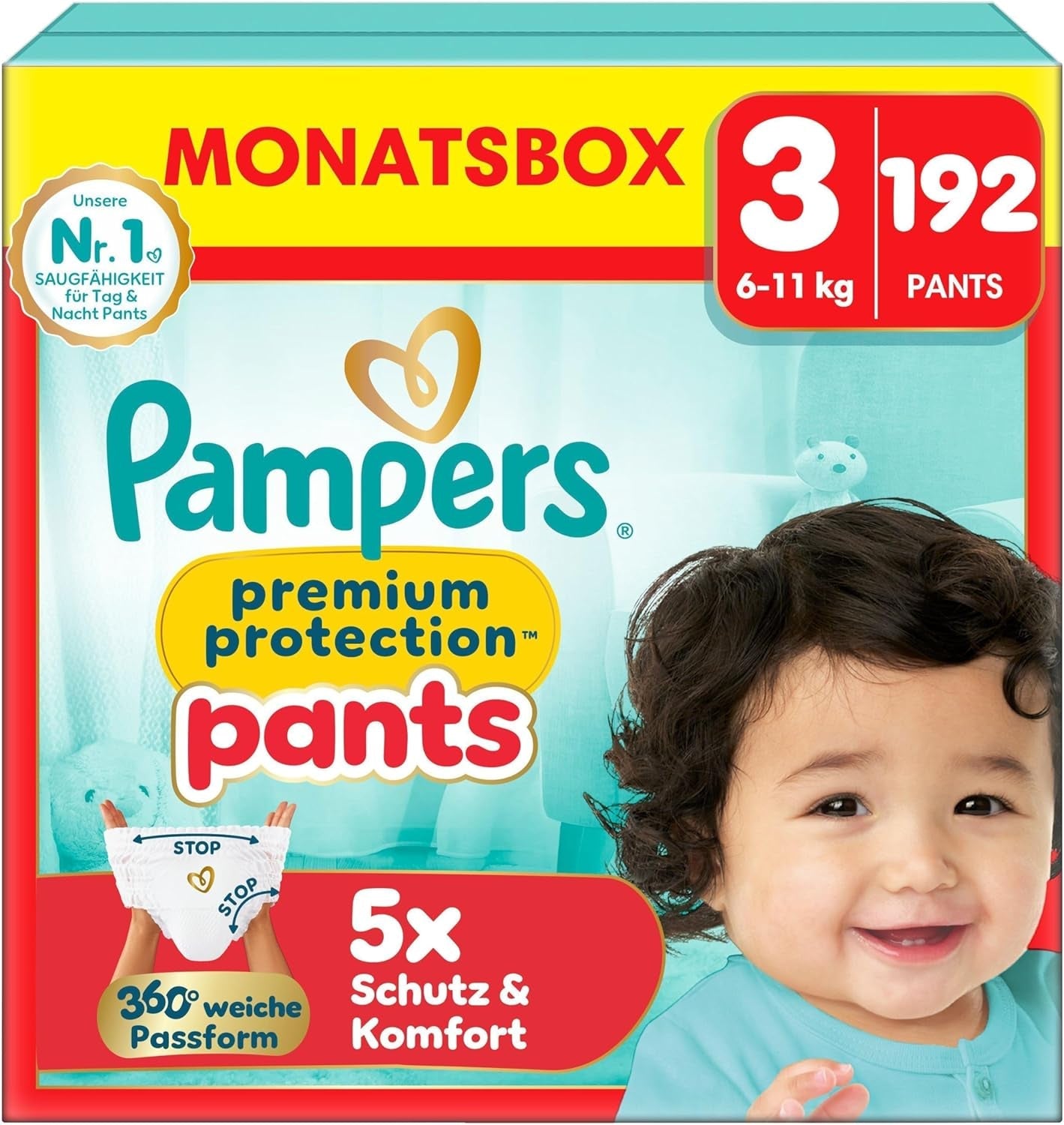 Pampers Premium Protection Broekje maat 5, 144 luiers, 11kg - 17kg, met 360° aanpassing en zachte anti-lek manchetten voor optimaal comfort en bescherming