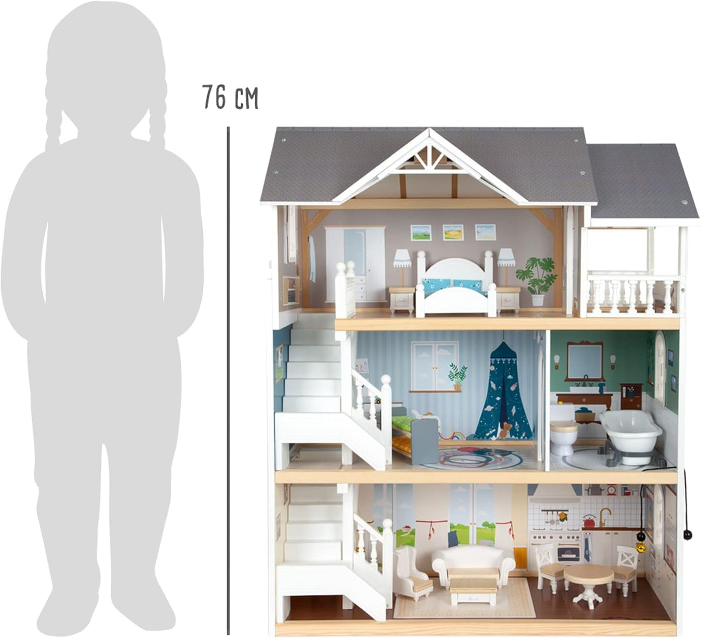 Small Foot houten poppenhuis met open voorkant van 3 verdiepingen en 12 meubelstukken voor kinderen vanaf 3 jaar 11802 Witgrijs