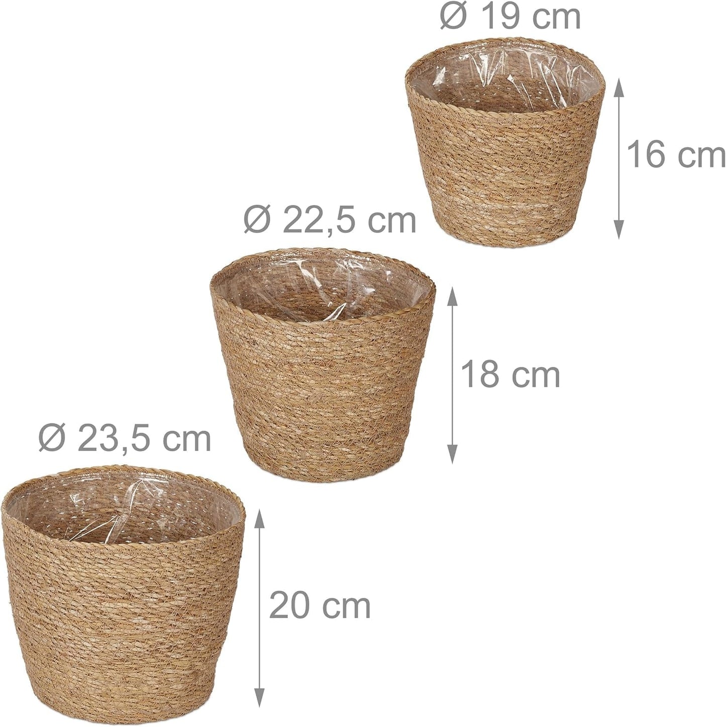Relaxdays bloempotten van zeegras set van 3 ronde bloemen- en kruidenmand met folie 3 maten plantenbak naturel