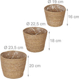 Relaxdays bloempotten van zeegras set van 3 ronde bloemen- en kruidenmand met folie 3 maten plantenbak naturel