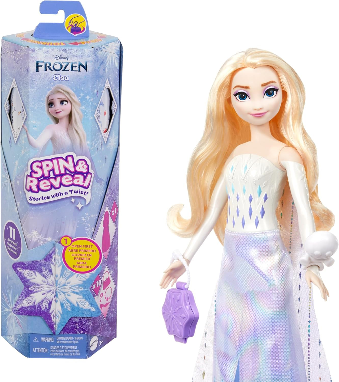 Mattel Disney The Ice Queen Elsa Fashion Doll Set, Spin & Reveal met 11 verrassingen, waaronder 5 accessoires, 5 stickers en een speelscène, geïnspireerd op de Disney-film, HTG25 Naty Shop Dolls Elsa Doll
