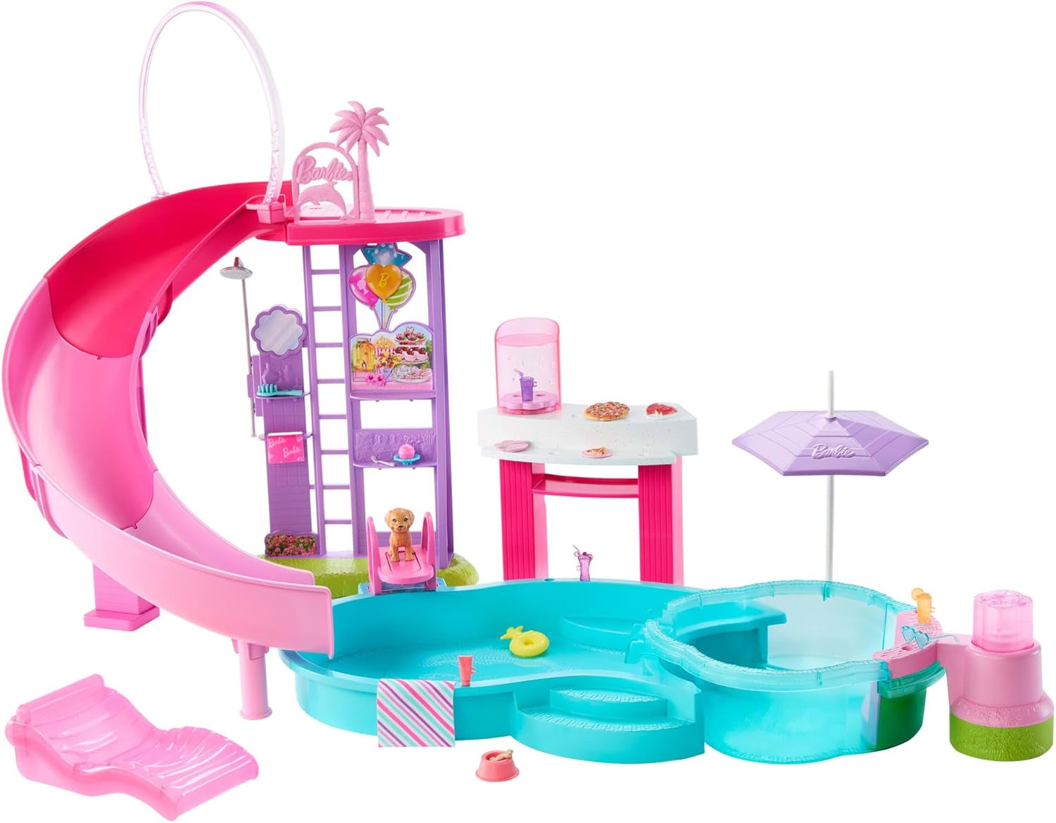 Barbie Dream Zwembadspeelset met zes speelplekken, waaronder een glijbaan en jacuzzi, plus meer dan 20 accessoires zoals een huisdier, zwemringen en meer, JKG83