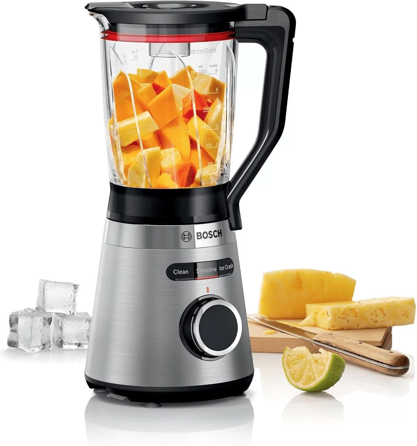 Bosch Standmixer Vitapower Serie 4 MMB6382M, Edelstahl-Klingen Made in Germany, 1,5L Thermosafe Glasbehälter, Stopfer, Sicherheitsdeckel, Spülmaschinengeeignete Teile, 30.000 U/Min, 1200 W, Edelstahl Kitchen Naty Shop