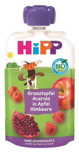 HiPP Organic Fruit Plus zakjes met granaatappel en acerola in een mengsel van appel en framboos - Ben Beagle (8 x 100g), vanaf 1 jaar, 100% fruitpuree, geen toegevoegde suikers, vegan, beste biologische kwaliteit