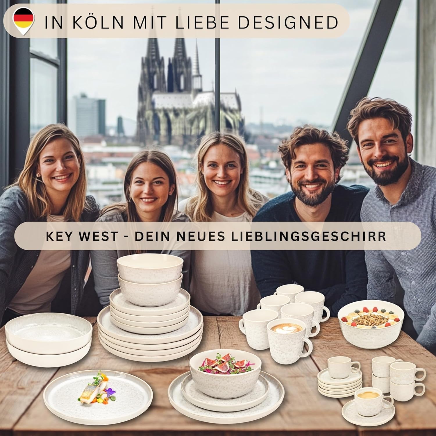 SÄNGER Key West | Serviesset van steengoed 24-delige dinerbordenset voor 6 6 dinerborden Mueslischalen Dessertborden Pastaschalen Crème Serviesgoed met zandtextuur | DE WAARDE-COLLECTIE