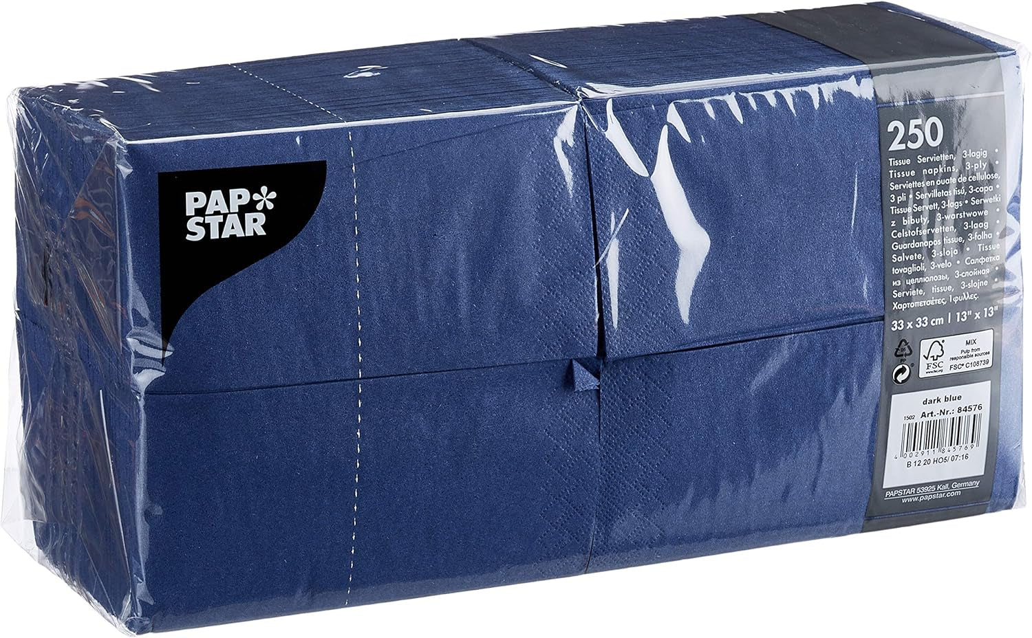 Papstar 84576 250 tissues, 3-laags 1/8-vouw 33 cm x 33 cm, donkerblauw