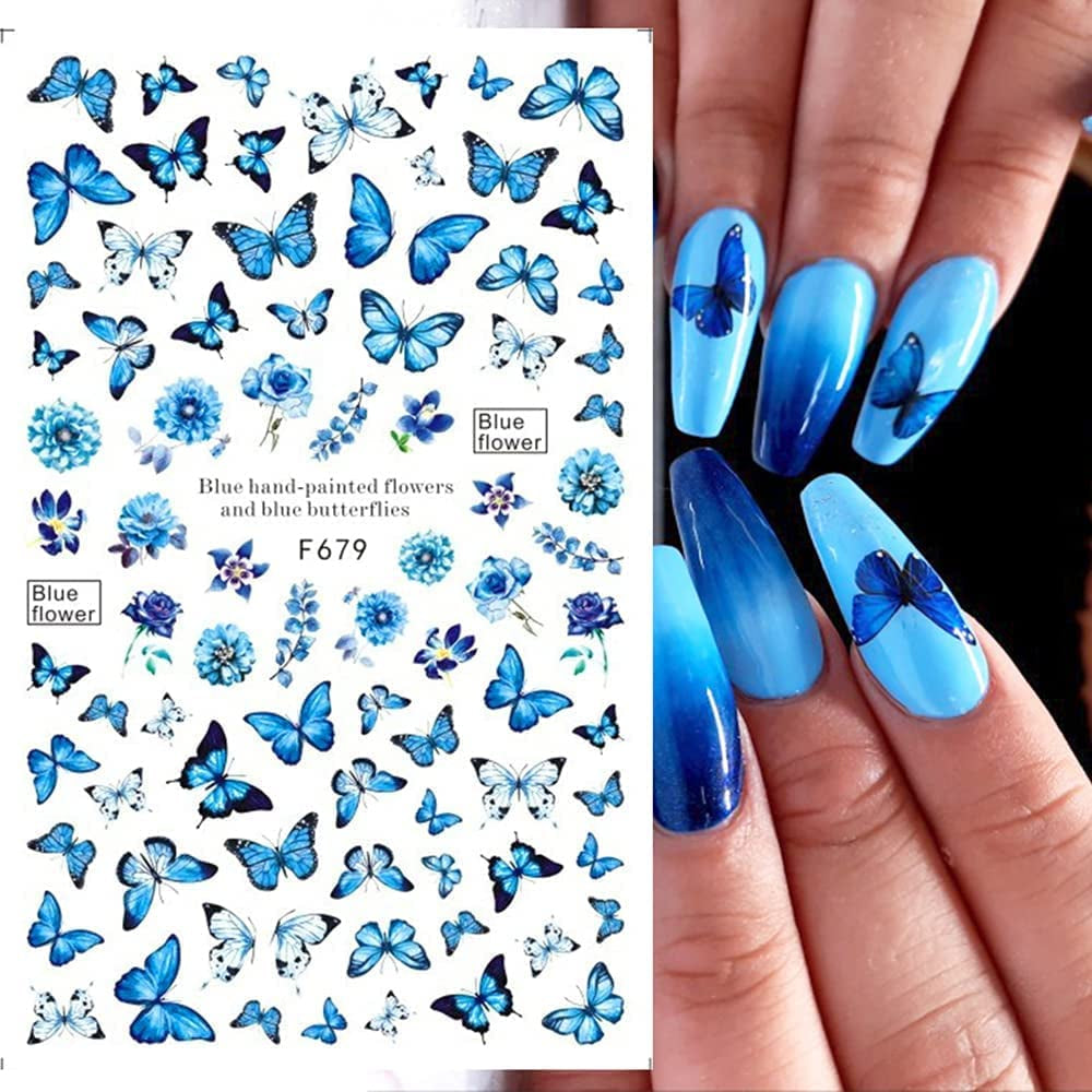 JMEOWIO Nagelsticker Schmetterling 8 Blätter Nagelaufkleber Selbstklebend Blau Schwarz Gold Schmetterling Nail Art Decoratie Nagel Design Zubehör