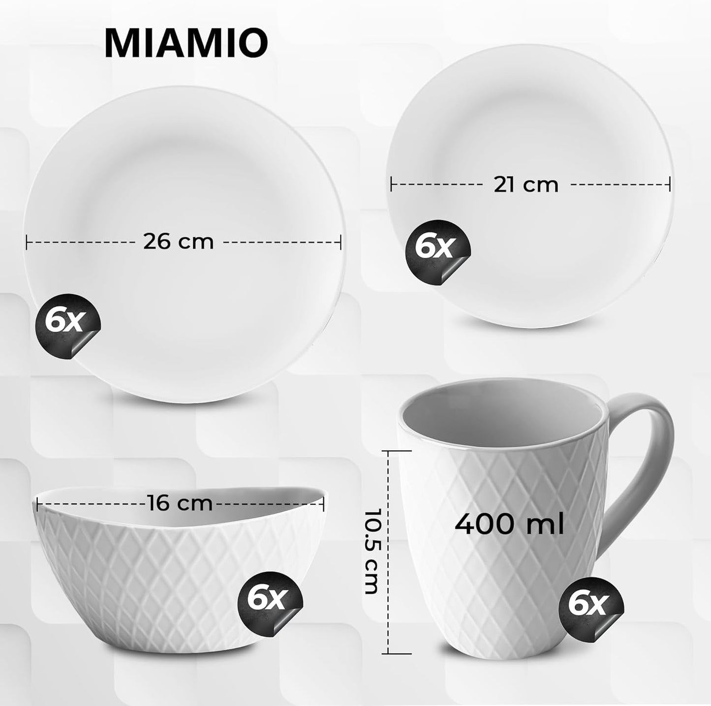MIAMIO - Keramische serviesset, 24-delig, gecombineerd servies voor 6 personen - Vaatwasmachine- en magnetronbestendig - Palmanova-collectie (wit)