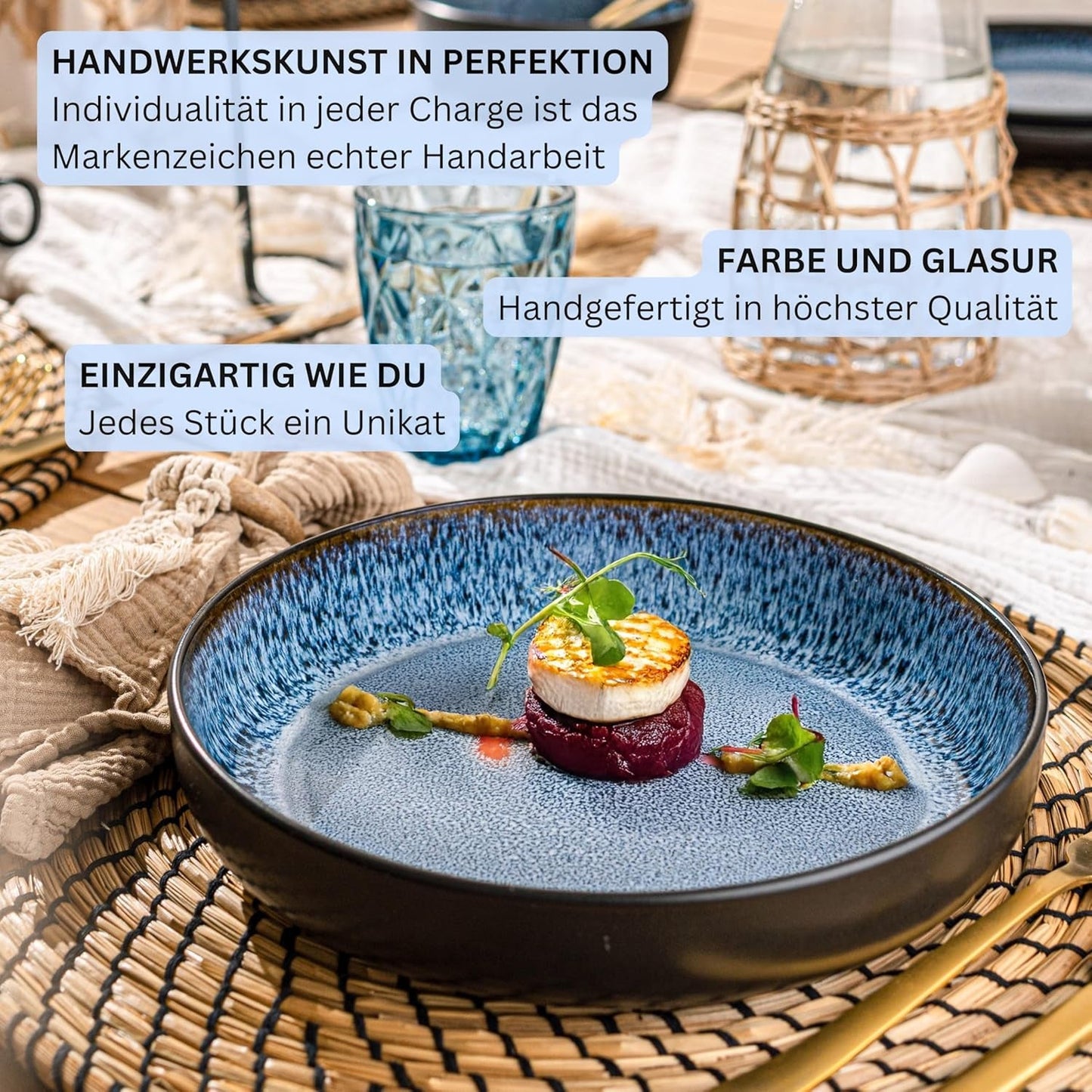 SÄNGER Aruba | Serviesset van steengoed voor 6 personen, 6 dinerborden, 6 ontbijtborden, 6 dinerborden, 6 pastakommen, blauw met zwarte rand | DE WAARDE-COLLECTIE