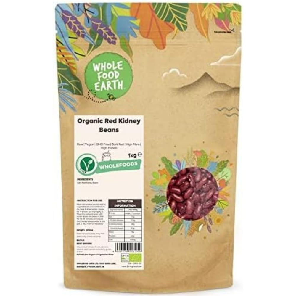 Rode bonen Wholefood Earth Biologisch 1kg Rauw | Veganistisch | Niet-GMO | Donkerrood | Rijk aan vezels | Rijk aan eiwitten | Gecertificeerd biologisch