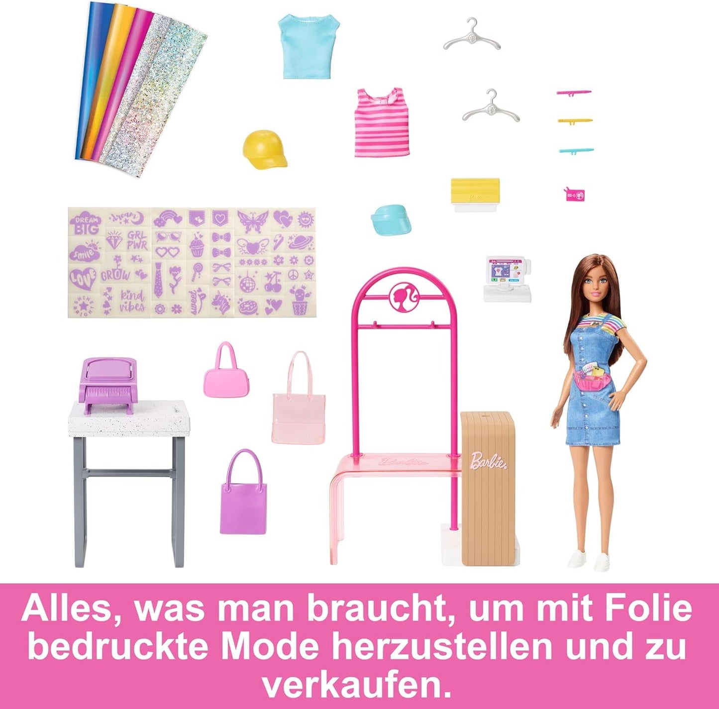 Barbie Fashion Boutique speelset - pop met foliepatroon, meer dan 150 originele looks, inclusief 2 blouses en 5 folievellen, kledingstandaard en creditcardlezer, vanaf 3 jaar, HKT78