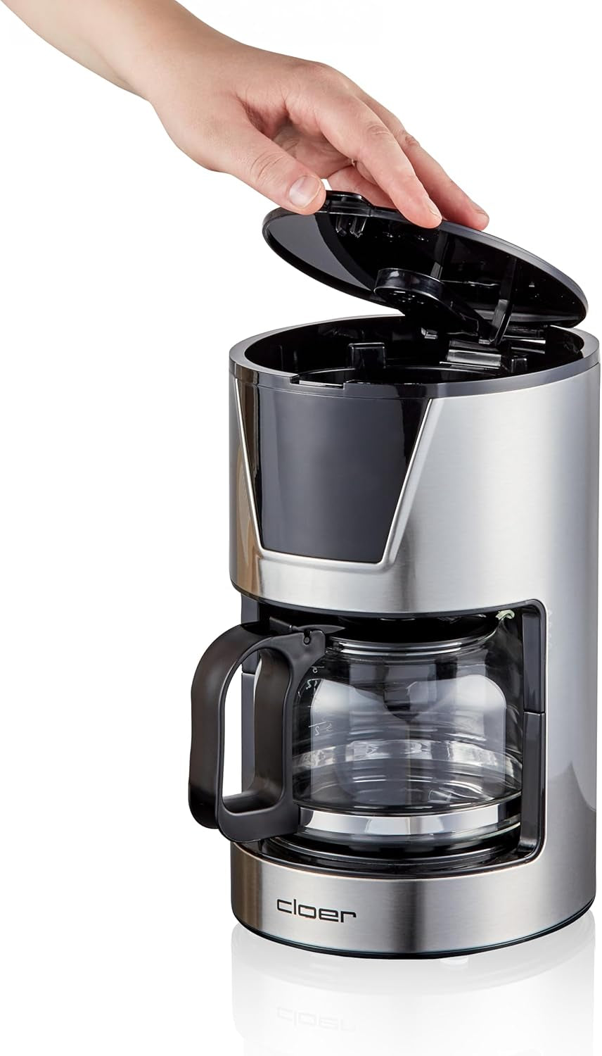 Cloer Filter-espressomachine voor 6 kopjes, zachte warmhoudfunctie, glazen karaf, maatlepel, waterniveau-indicator, antidruppelsysteem, automatische uitschakeling, filtermaat 1x2, 550W, roestvrij staal