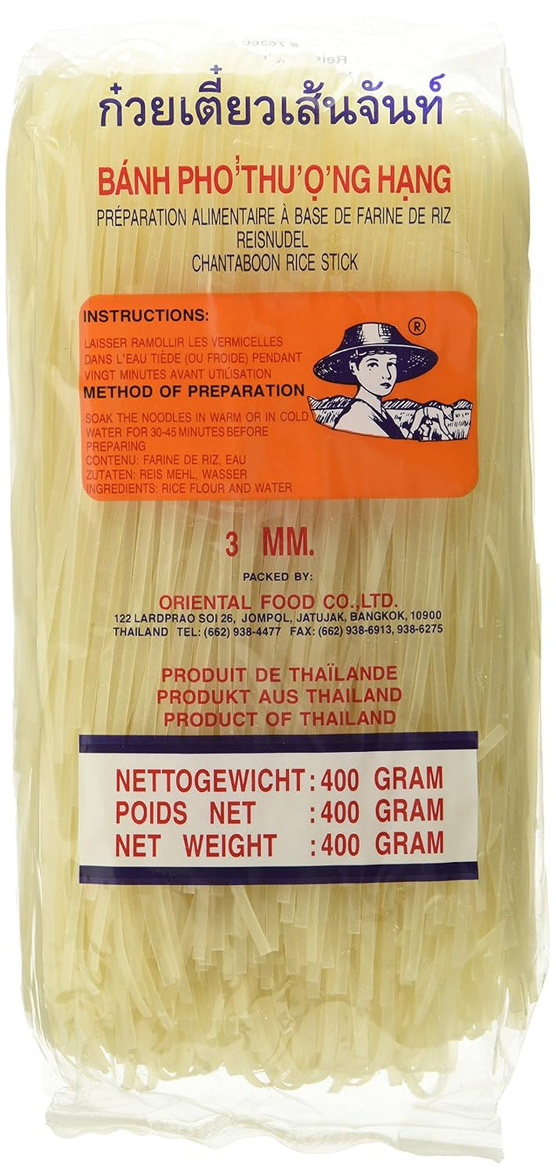 Rijstnoedels - Thaise, 3 mm brede rijstlintnoedels, gemaakt van rijstmeel - 17 x 400 g