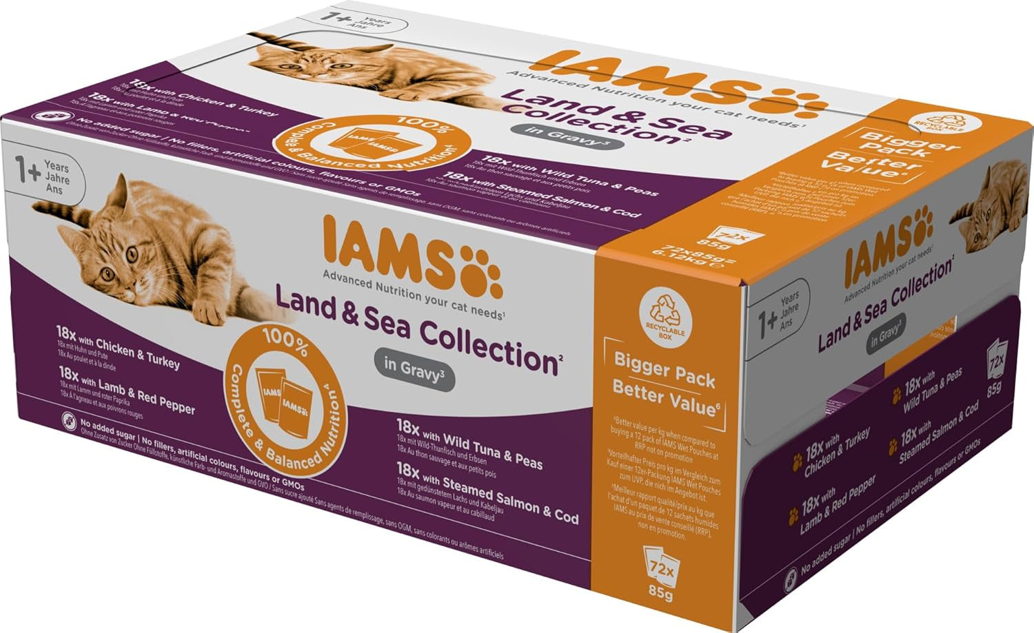 IAMS Delights Land & Sea Collection Natvoer voor katten - vlees- en visassortiment Multipack in saus, natvoer voor katten vanaf 1 jaar, 72 x 85 g