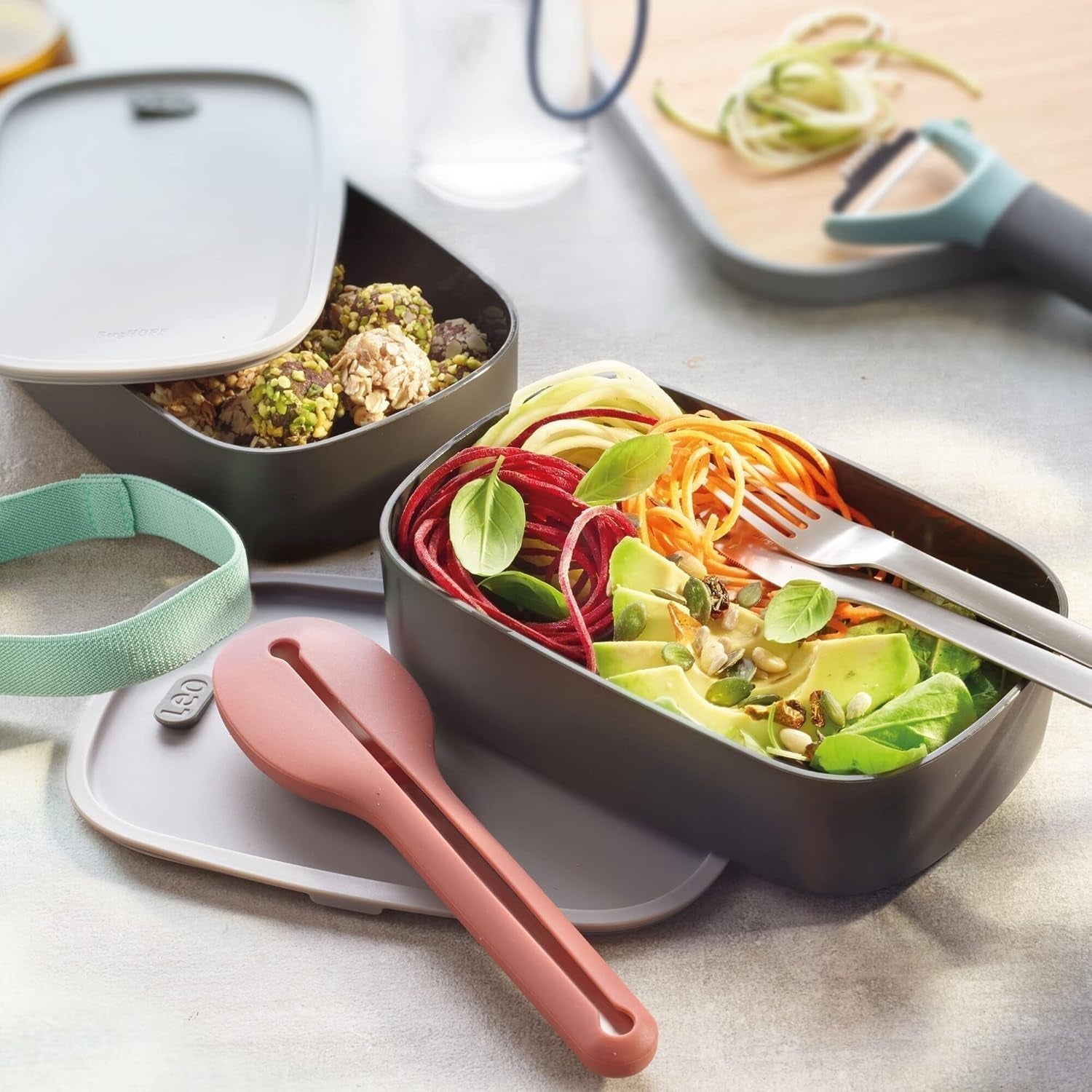 BergHoff dubbele bentobox - Leo (lunchboxset 19x12,5x9 cm, twee dozen, magnetronbestendig, luchtdicht afgesloten, vaatwasmachinebestendig, ideaal voor snacks / snacks / salade) 3950126 Voedselbewaardozen Naty Shop
