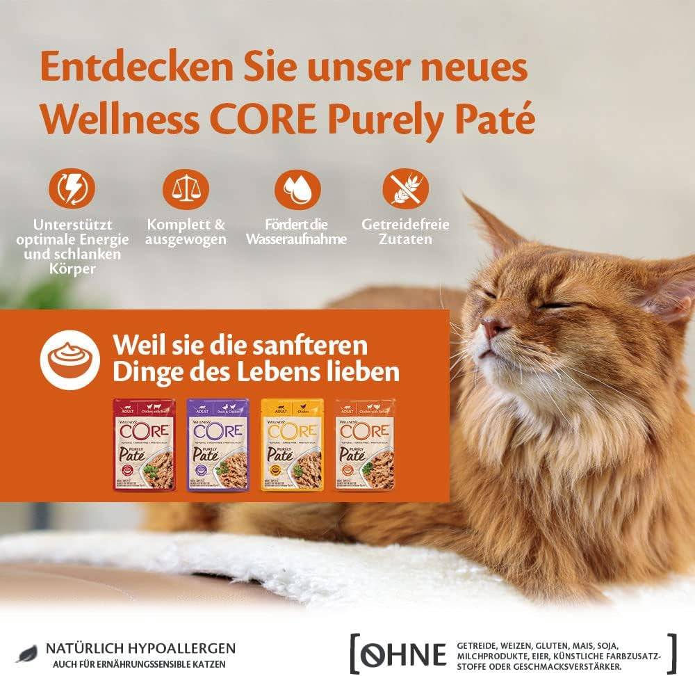 Wellness CORE Purely Paté 24 x 85g, Kip en Kalkoen - Natvoer voor katten, fijne paté, graanvrij, natuurlijk, hypoallergeen, eiwitrijk, rijk aan vlees