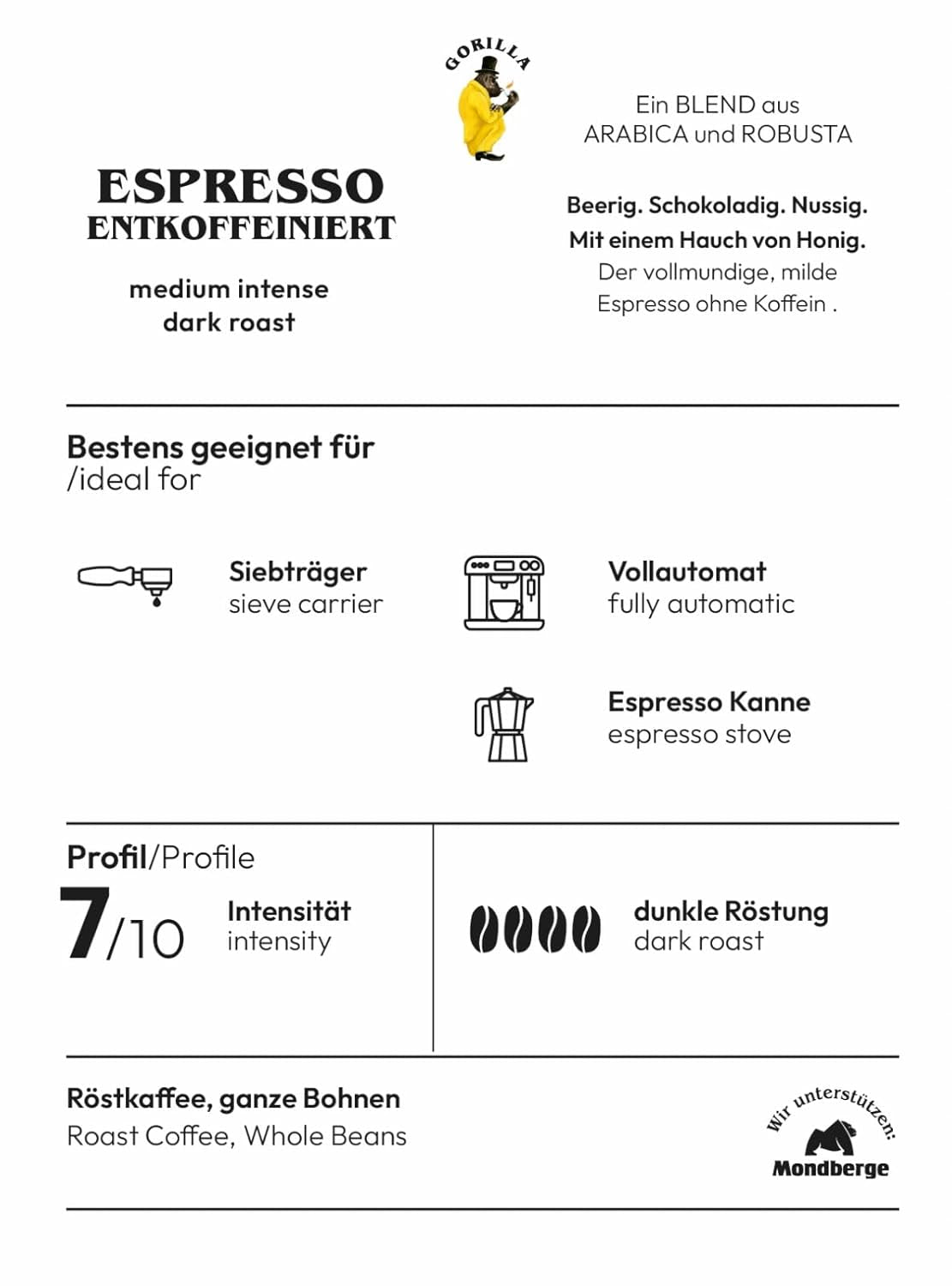 Espresso GORILLA 1000 g cafeïnevrije, hele bonen