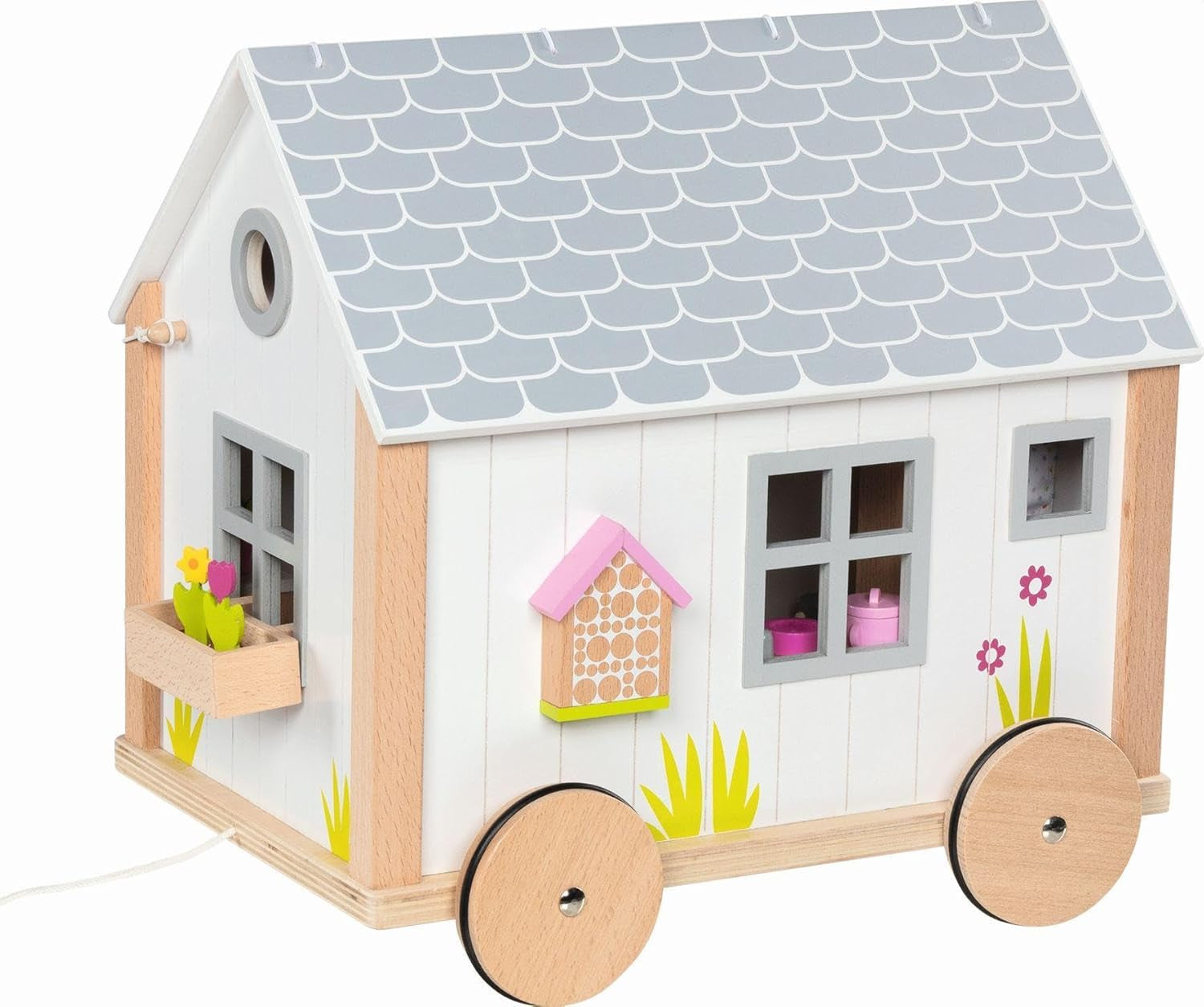 Goki 51477 - Klein hyggehouten en textielhuis voor minipoppen, beweegbaar poppenhuis in Scandinavische stijl, 38 cm x 27 cm x 33 cm, set van 40, vanaf 3 jaar Poppenhuizen Naty Shop